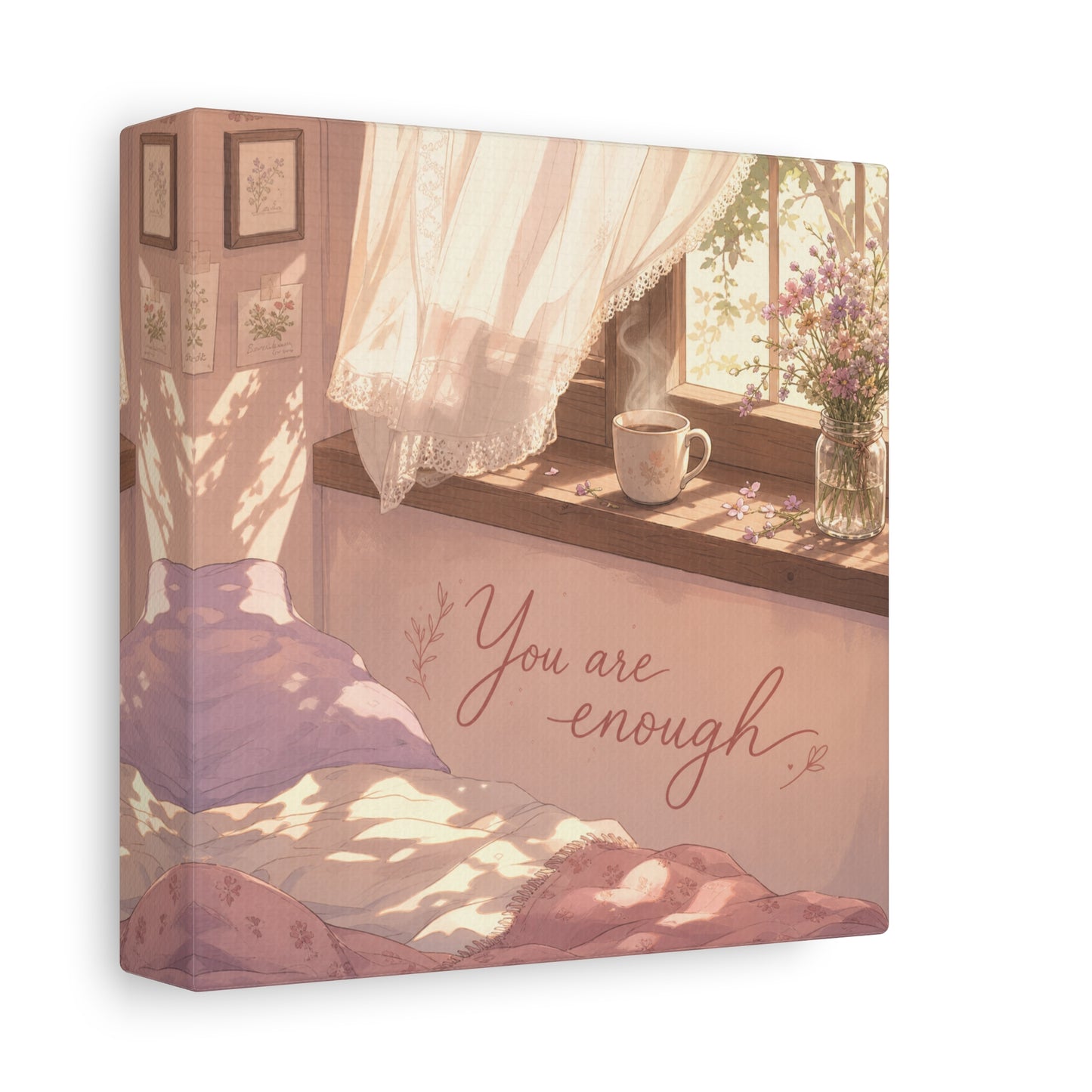 "You Are Enough" Inspirational Canvas Wall Art - Sunlit Bedroom Window Flowers, Cozy Pink Cottagecore Decor - Matte Affirmation Print - Bedroom Home Decoration, Teen Room Accent - Office Wall Art
