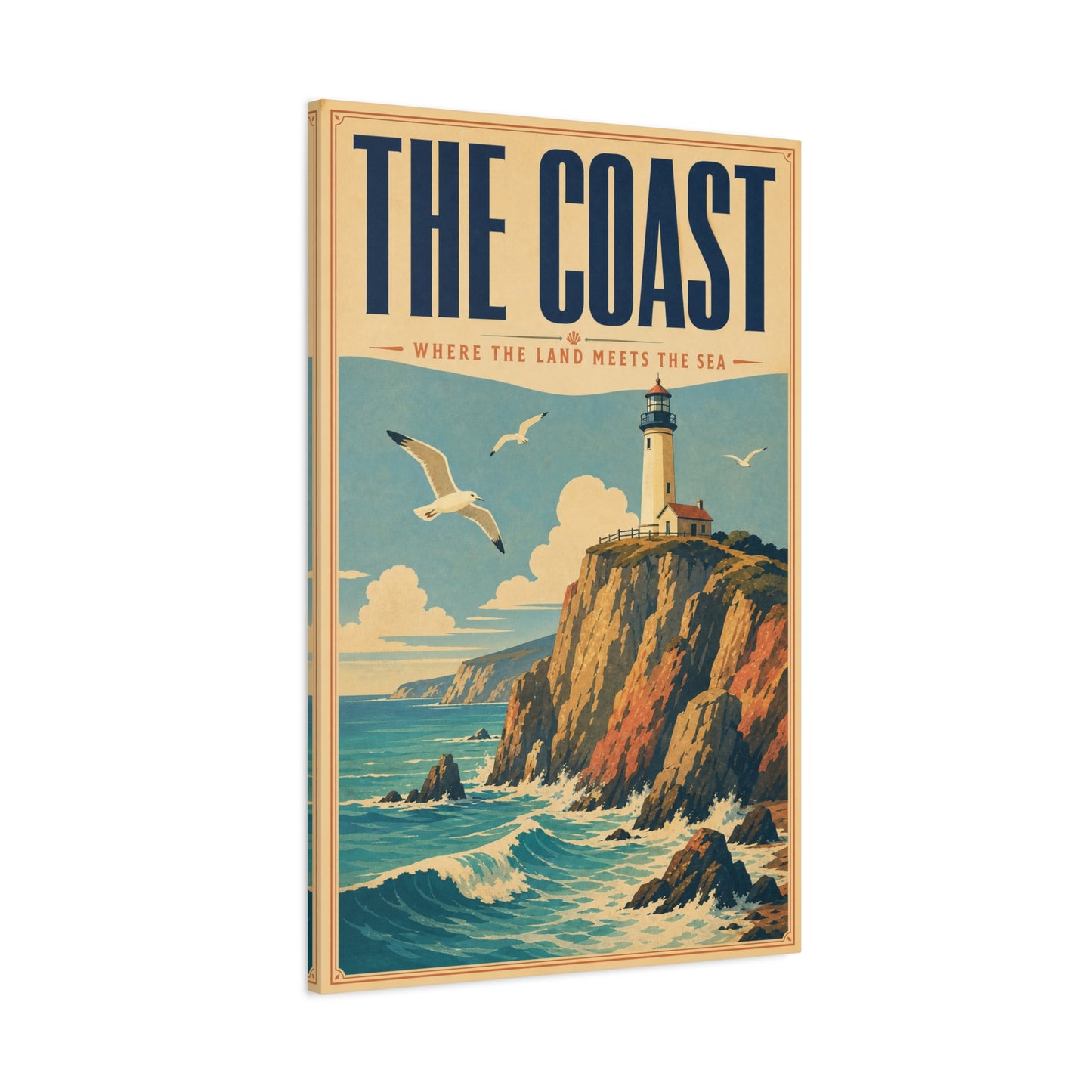 "The Coast Where The Land Meets The Sea" Canvas Wall Art - Vintage Lighthouse Seascape, Coastal Cliff Poster Style Print - Nautical Wall Decor, Beach House Living Room Decoration - Ready to Hang