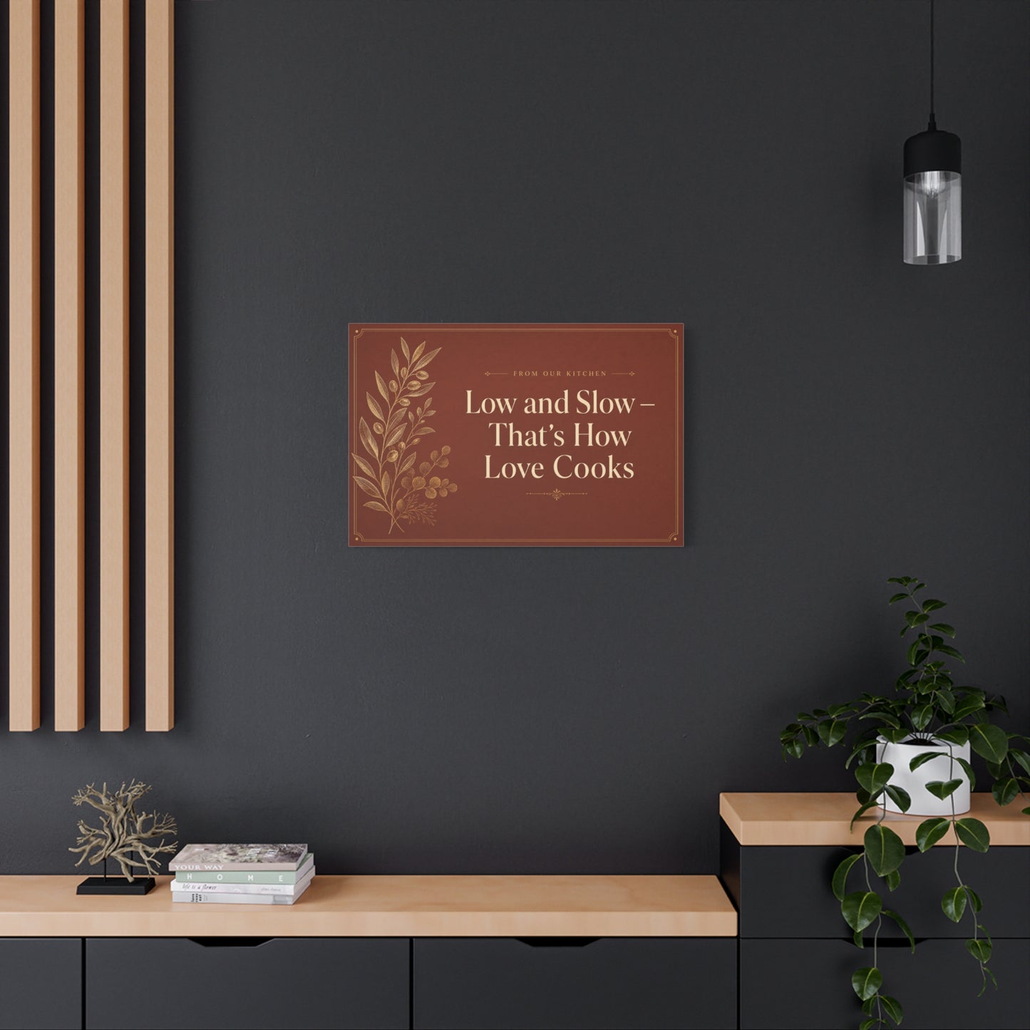 "Low And Slow - That's How Love Cooks" Kitchen Canvas Wall Art - Rustic Typography Botanical Print - Brown Farmhouse Dining Room Decor - Office Wall Art - Bedroom Home Decoration - Ready to Hang