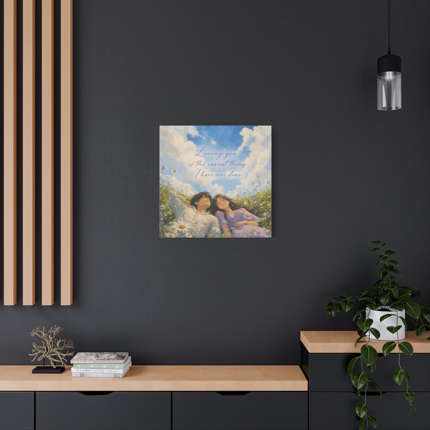 "Loving You Is The Easiest Thing I Have Ever Done." Canvas Wall Art - Romantic Couple In Wildflower Meadow Sky Quote Print - Dreamy Pastel Illustration - Ready to Hang - Living Room Wall Decor