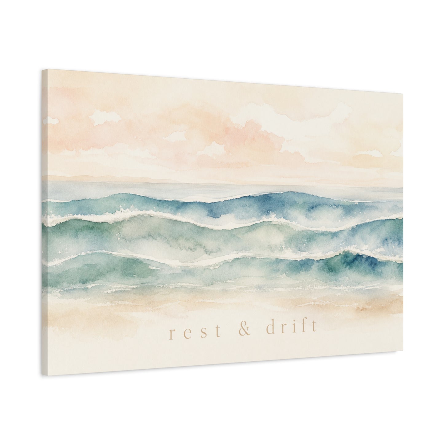 "Rest & Drift" Coastal Ocean Waves Canvas Wall Art - Watercolor Seascape Beach Decor - Serene Pastel Blue And Peach - Bedroom Home Decoration, Living Room Accent, Jellyfish Room Decor - Ready to Hang