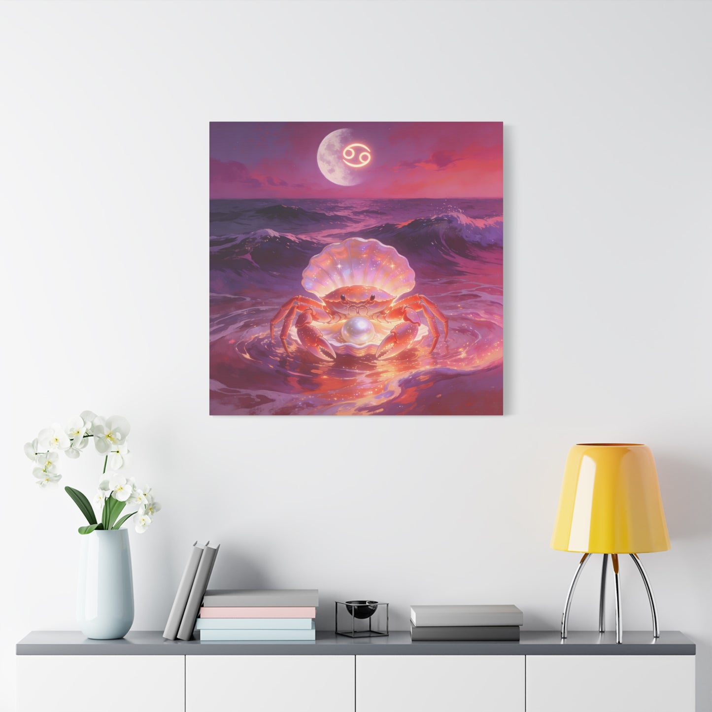 Cancer Zodiac Crab Canvas Wall Art - Moonlit Ocean Pearl Illustration, Pink Purple Seascape - Surreal Coastal Style - Living Room Wall Decor, Bedroom Home Decoration - Bedroom Home Decoration