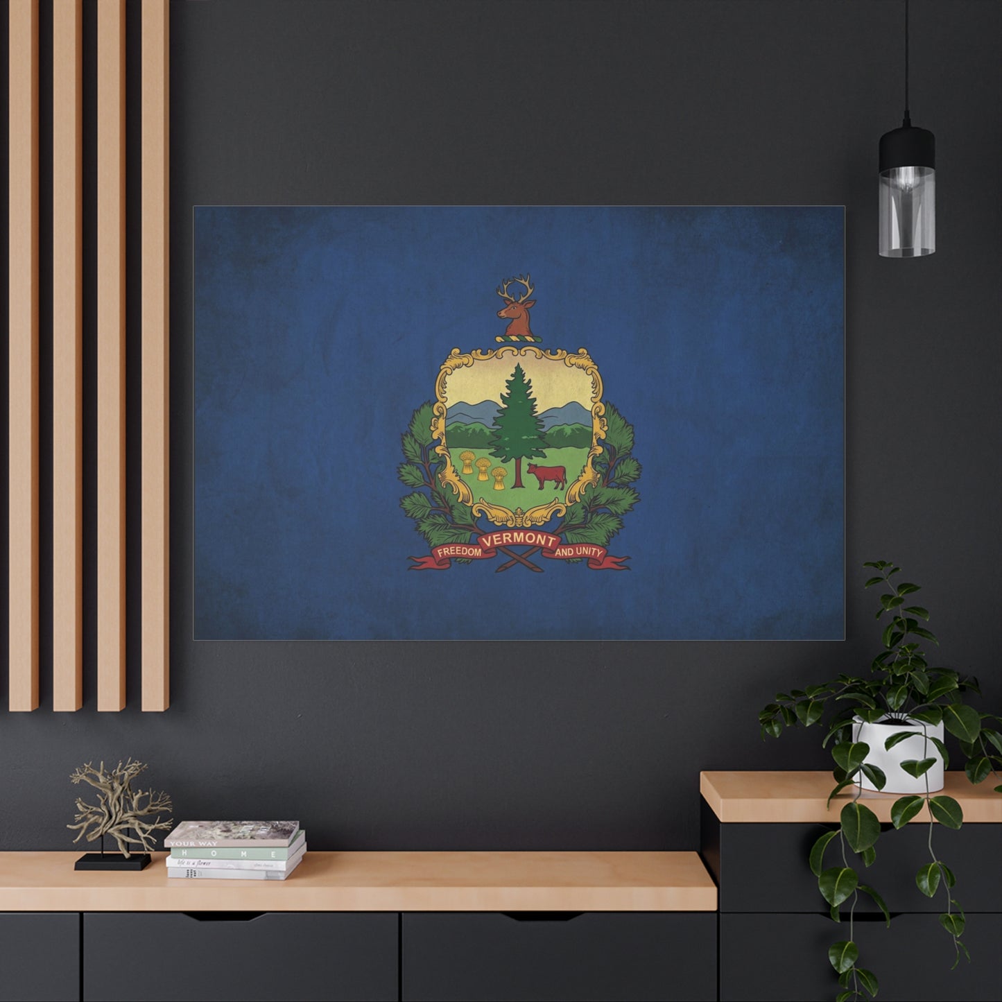 "VERMONT" State Flag Canvas Wall Art - Freedom And Unity Deer Crest Print - Vintage Blue Banner, Rustic Americana Style - Living Room Wall Decor, Office Decoration - Ready to Hang - Ready to Hang