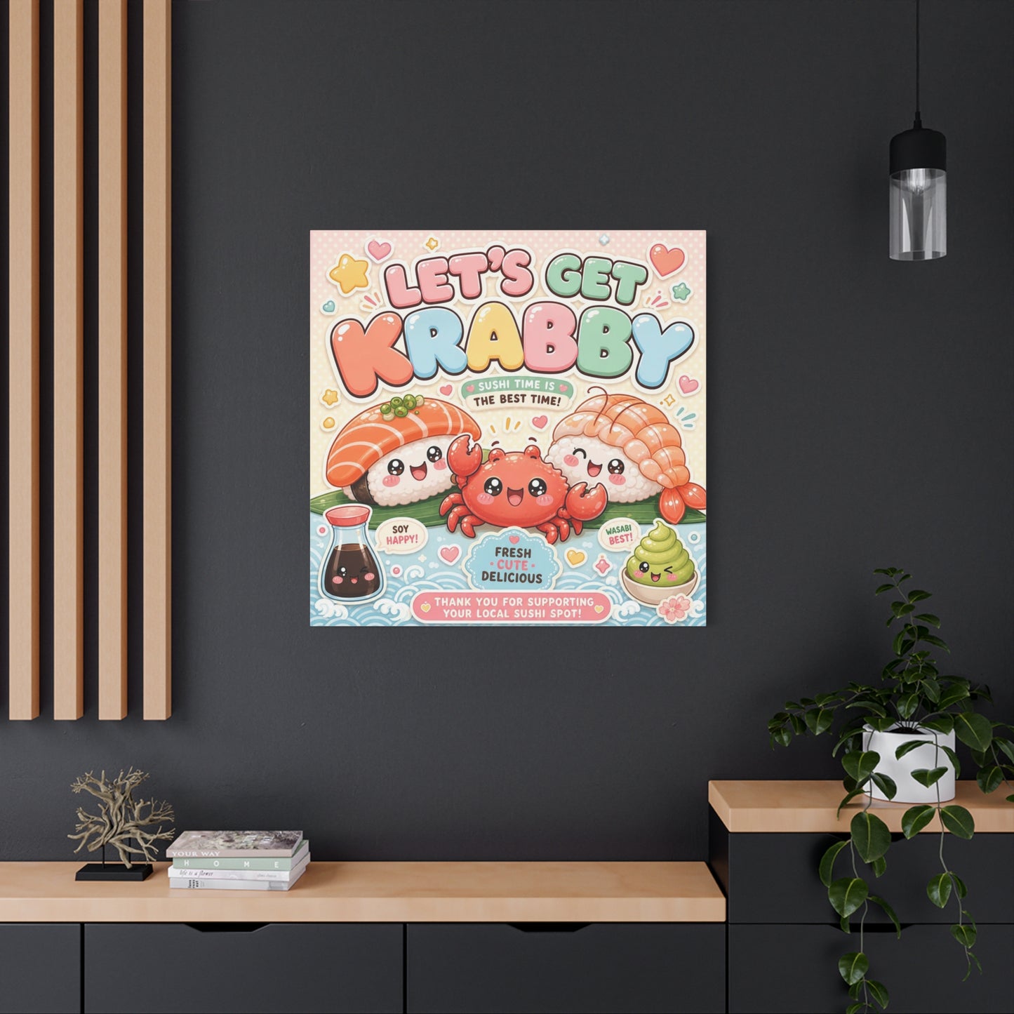 "Let's Get Krabby" Sushi Quote Canvas Wall Art - Kawaii Salmon Nigiri Shrimp Crab Illustration - Pastel Typography - Cafe Wall Decor, Restaurant Wall Hanging, Cute Food Sign - Reception Area Decor