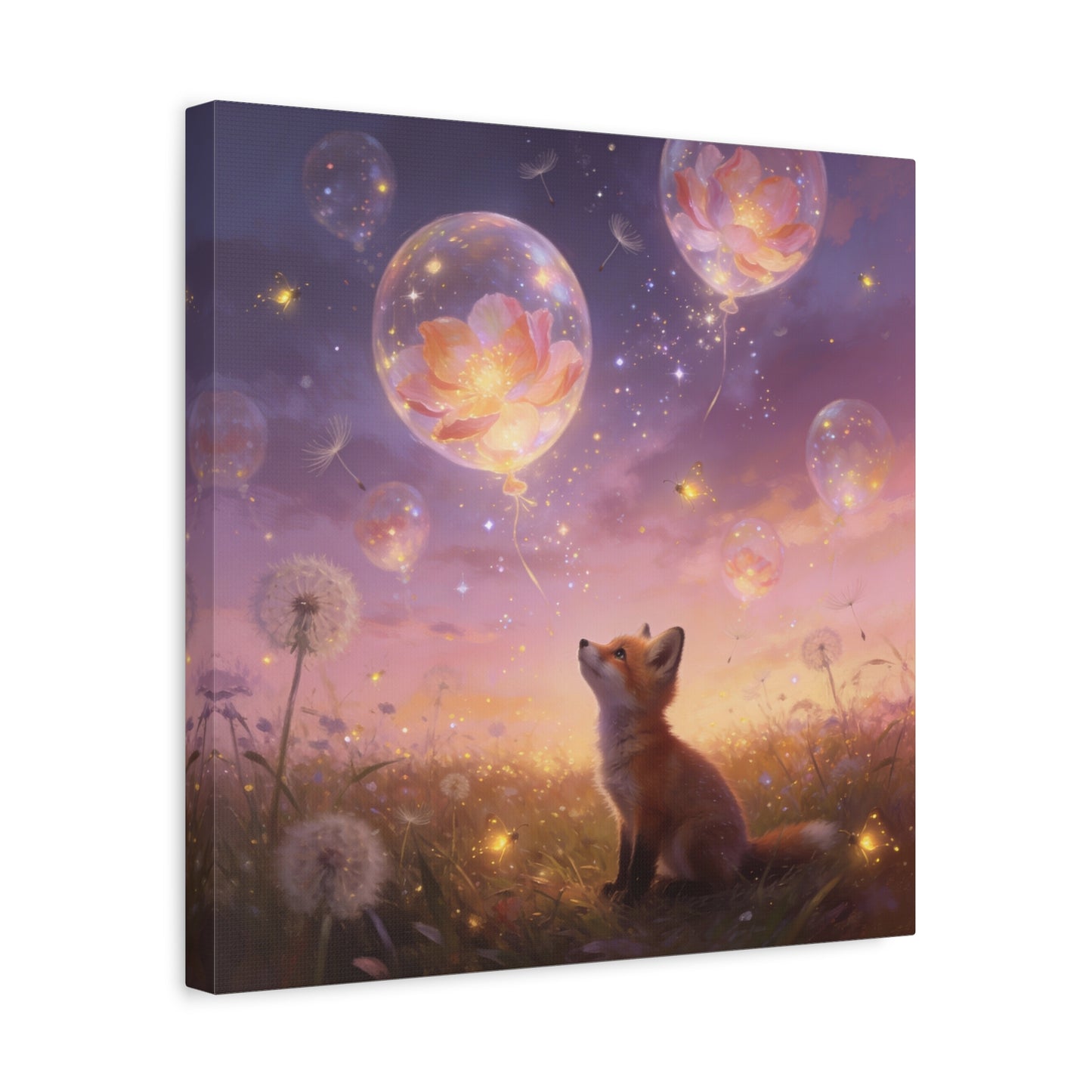 Fox Canvas Wall Art - Whimsical Fox Under Floral Balloons, Dreamy Twilight Meadow Canvas Print - Pastel Fantasy Style, Living Room Wall Decor, Bedroom Home Decoration - Bedroom Home Decoration