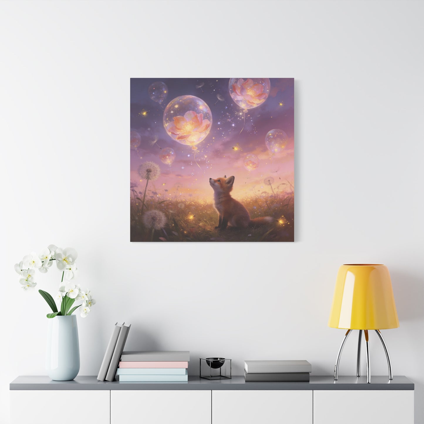 Fox Canvas Wall Art - Whimsical Fox Under Floral Balloons, Dreamy Twilight Meadow Canvas Print - Pastel Fantasy Style, Living Room Wall Decor, Bedroom Home Decoration - Bedroom Home Decoration