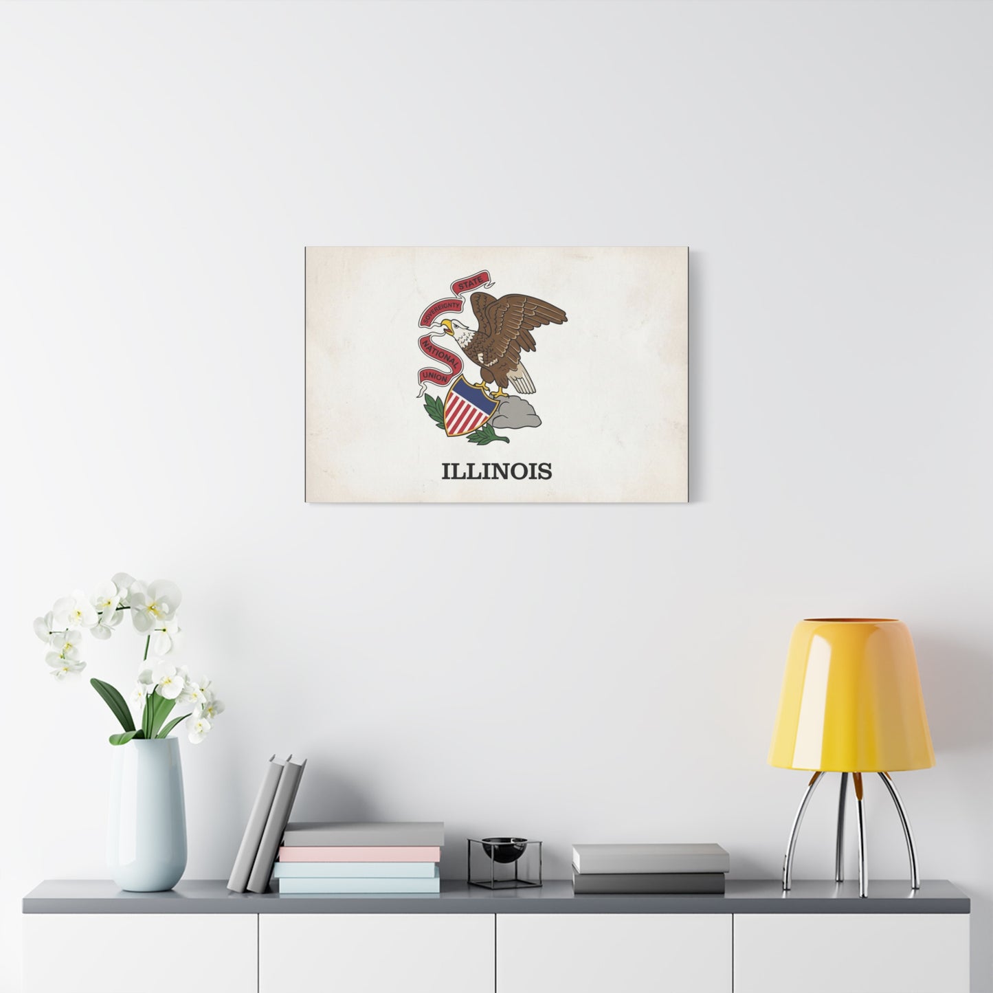 "Illinois" State Flag Canvas Wall Art - Bald Eagle Crest, Vintage State Pride Print - Matte Cotton Art Print - Traditional Americana Style - Living Room Decor, Office Accent - Living Room Wall Decor