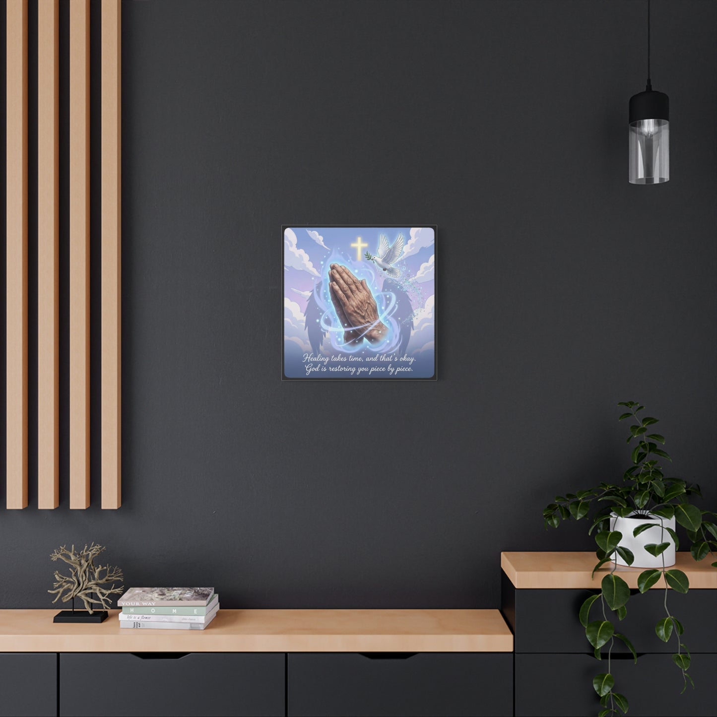"Healing Takes Time, And That’s Okay. God Is Restoring You Piece By Piece." Christian Canvas Wall Art - Praying Hands, Dove, Cross - Faith Inspired Blue Sky Decor - Bedroom Living Room Office