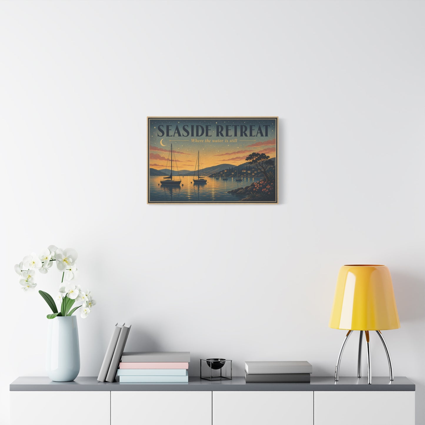 "Seaside Retreat Where The Water Is Still" Coastal Canvas Wall Art - Vintage Sailboat Harbor Sunset Print, Nautical Seascape Decor - Living Room Bedroom Wall Decor - Ready to Hang - Ready to Hang