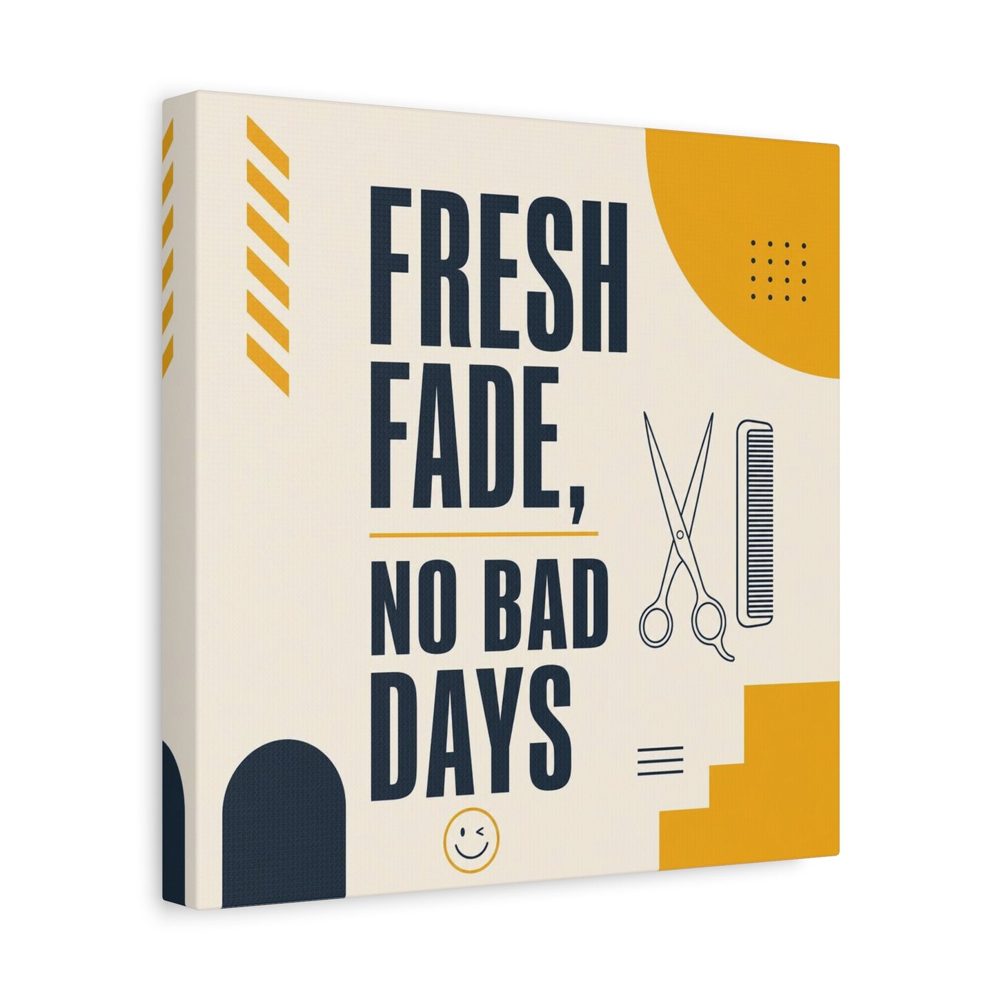 "Fresh Fade, No Bad Days" Barber Shop Canvas Wall Art - Scissors And Comb Typography Print - Modern Yellow Black Salon Decor - Workspace Wall Decor, Lobby Wall Art Accent - Gallery Wrapped Canvas