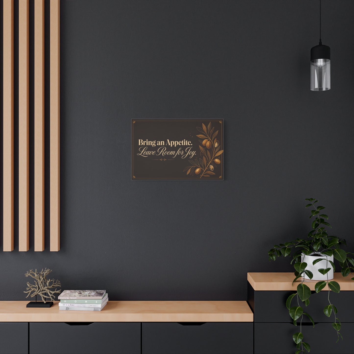 "Bring An Appetite. Leave Room For Joy." Typography Canvas Wall Art - Olive Branch Kitchen Decor - Vintage Dark Brown And Gold Quote Print - Dining Room Home Decoration - Bedroom Home Decoration