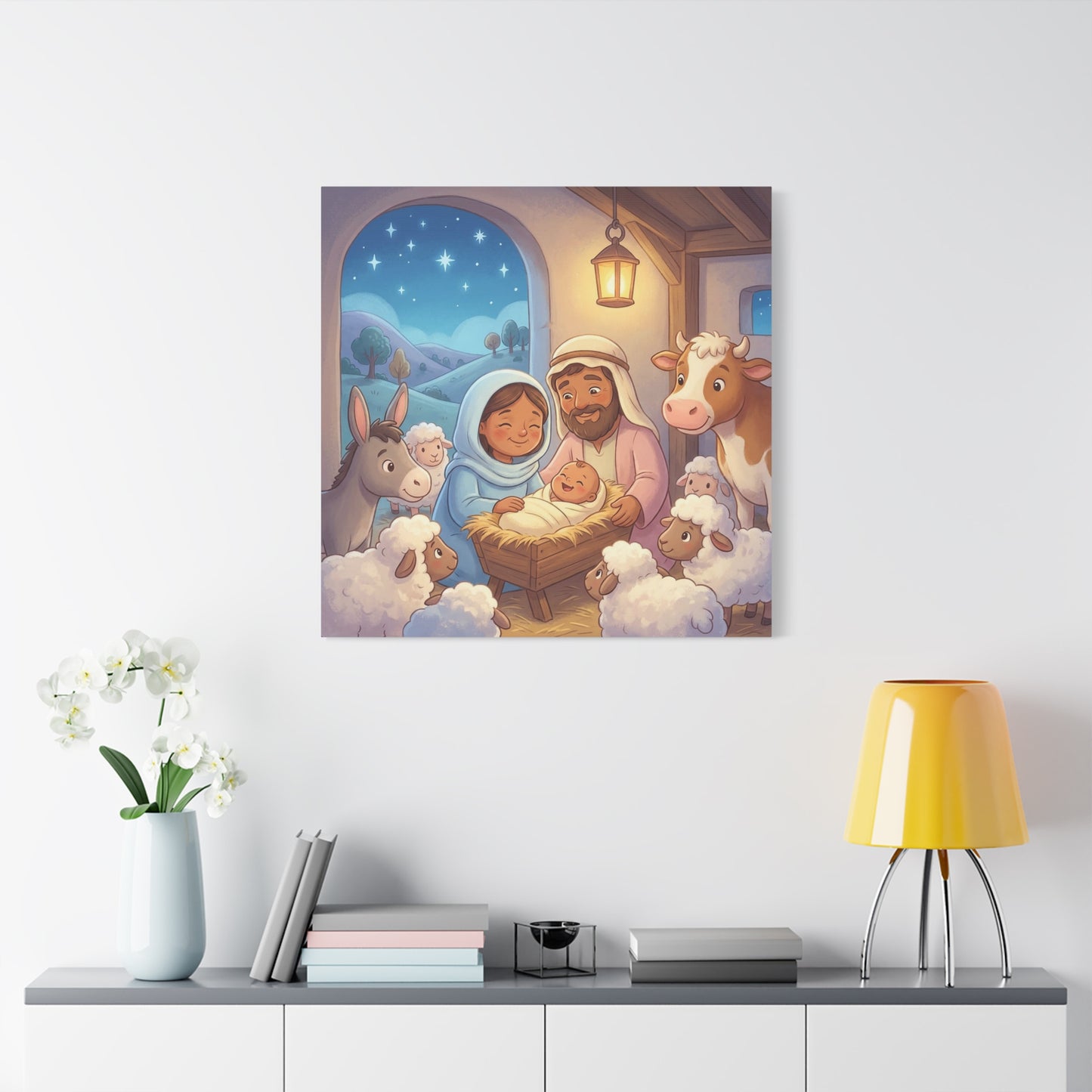 Holy Family Nativity Canvas Wall Art - Baby Jesus, Mary And Joseph Nursery Decor - Starry Stable Christian Home Decoration - Matte Canvas Print For Bedroom, Living Room - Ready to Hang - Ready to Hang