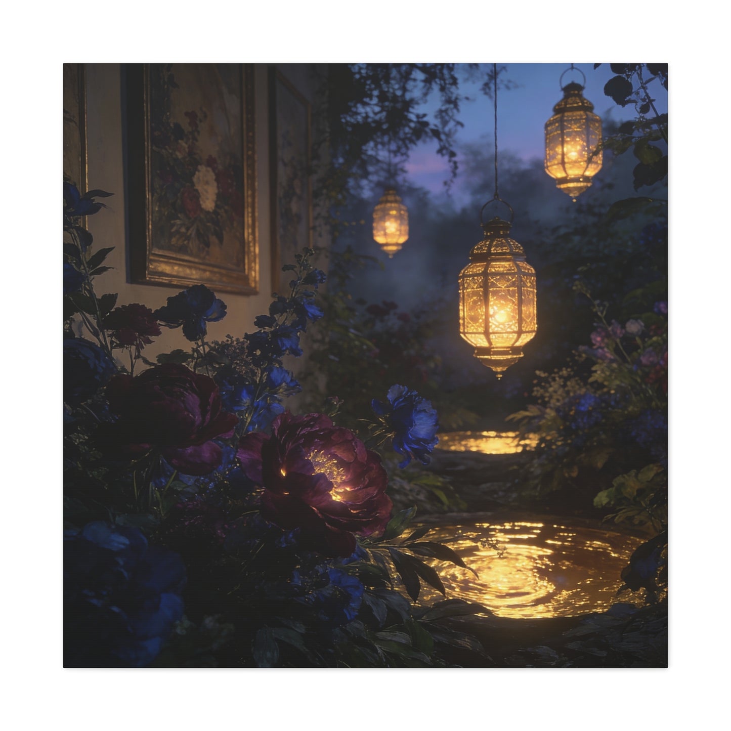 Lantern Garden Canvas Wall Art - Twilight Floral Courtyard, Glowing Water Reflections - Moody Botanical Night Scene, Matte Canvas Print - Bedroom Wall Decor, Living Room Accent - Cozy Reading Nook Art