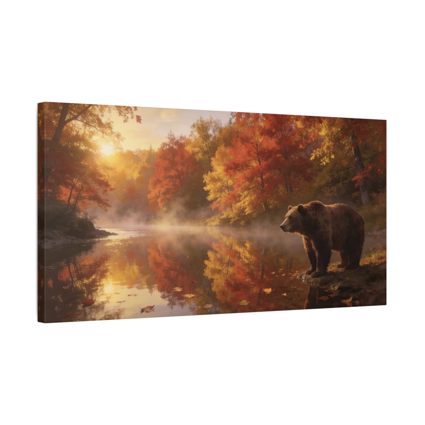 Brown Bear Canvas Wall Art - Autumn Forest River Sunrise Wildlife Print, Golden Mist Reflection, Matte Canvas Print, Rustic Lodge Style, Living Room Wall Decor Office Art - Bedroom Home Decoration