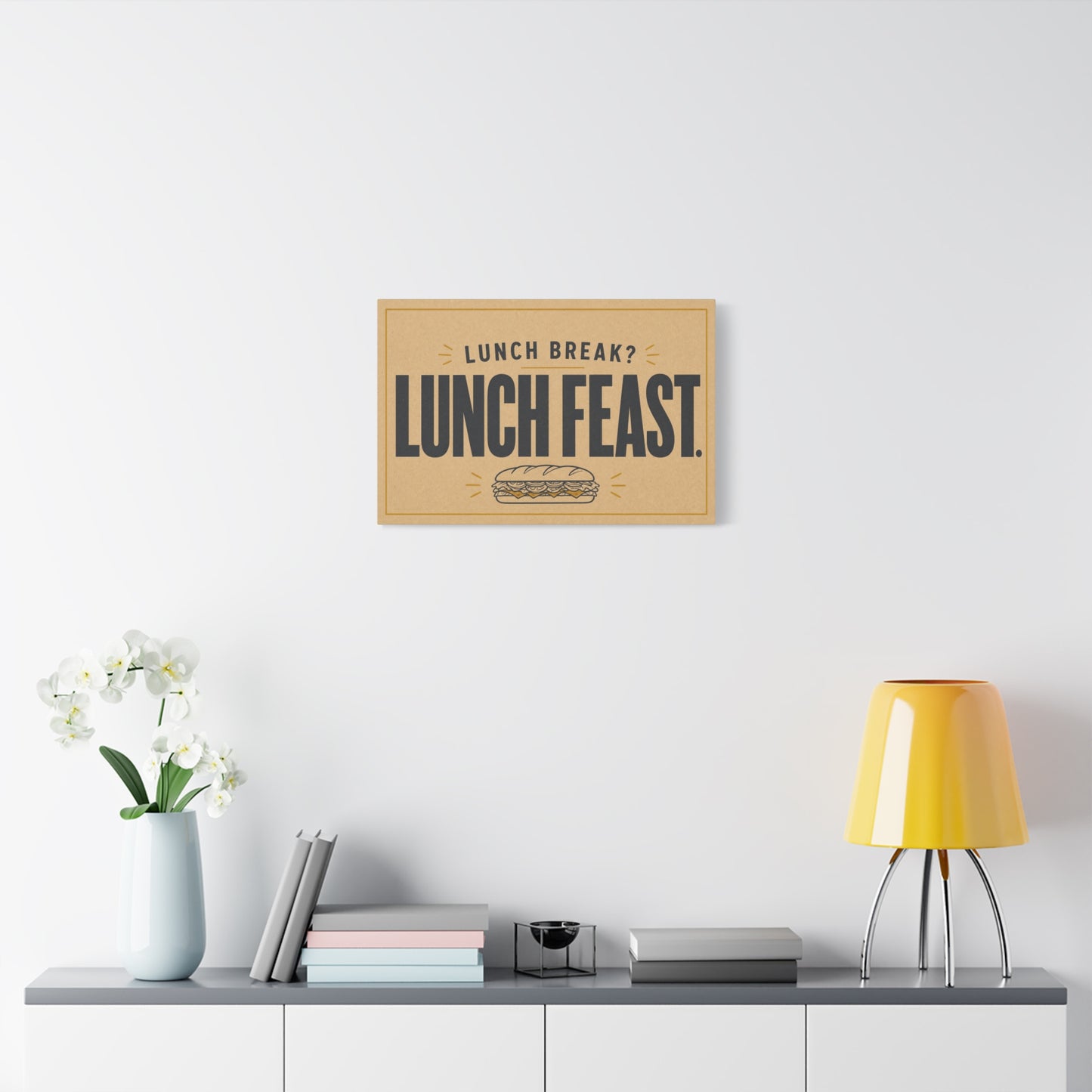 "Lunch Break Lunch Feast." Typography Canvas Wall Art - Vintage Humor Decor - Retro Deli Sandwich Illustration - Farmhouse Accent - Office Breakroom Wall Hanging - Ready to Hang - Sandwich Shop Sign