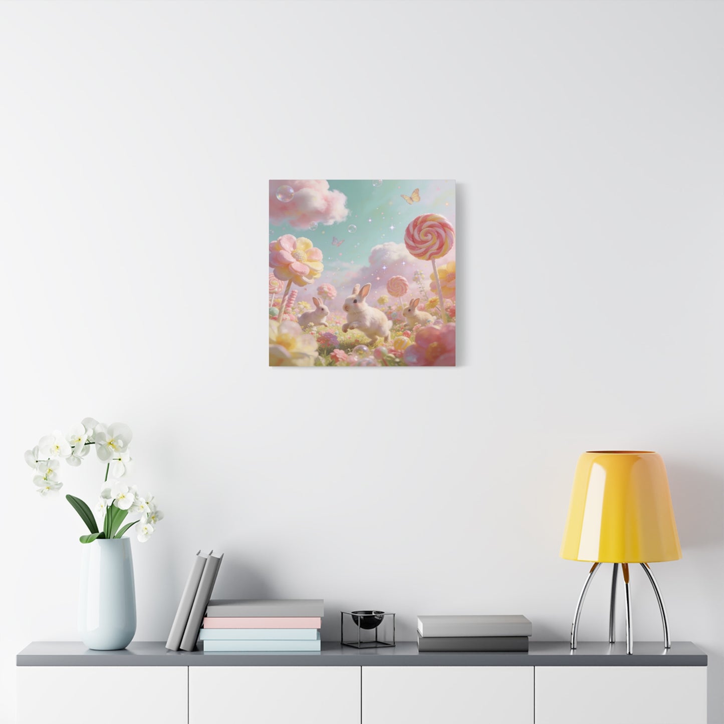 Bunny Candyland Canvas Wall Art - Pastel Rabbit Meadow, Lollipop Flowers, Dreamy Nursery Wall Decor - Whimsical Illustration - Bedroom Home Decoration, Kids Room Accent - Bedroom Home Decoration