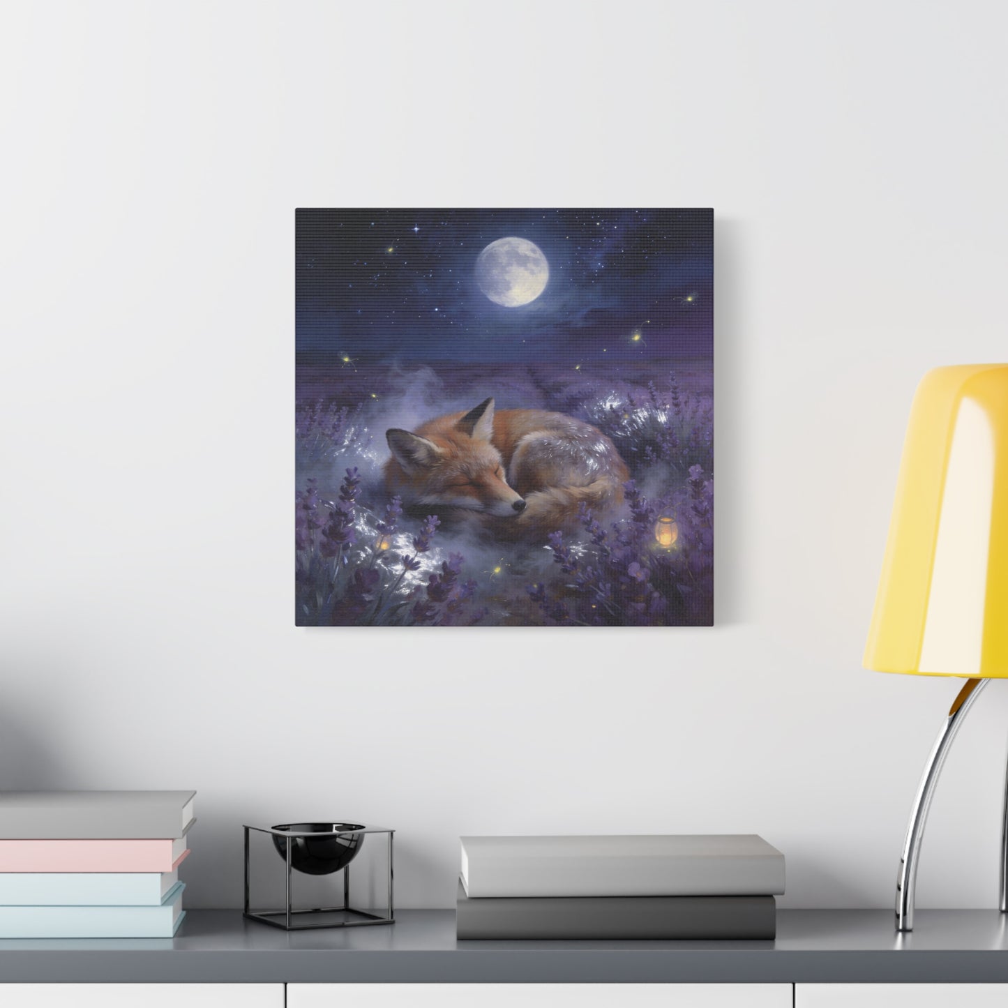 Sleeping Red Fox Canvas Wall Art - Moonlit Lavender Field, Fireflies, Starry Night Sky - Dreamy Woodland Animal Print - Matte Finish Canvas - Bedroom Wall Decor, Nursery Accent - Cozy Reading Nook Art