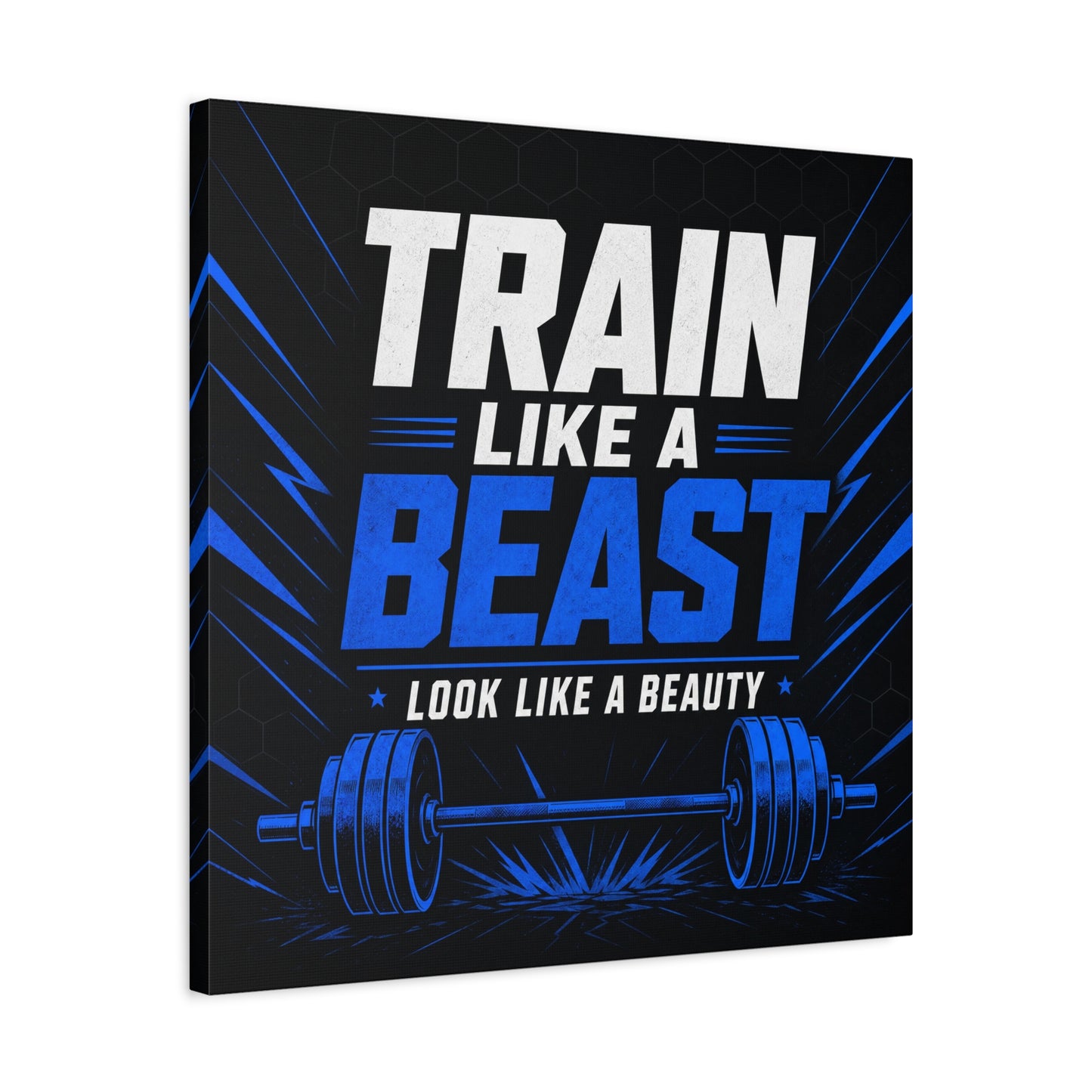 "Train Like A Beast Look Like A Beauty" Gym Canvas Wall Art - Blue Black Barbell Typography Motivational Fitness Decor - Modern Sports Quote Print - Ready to Hang - Living Room Wall Decor