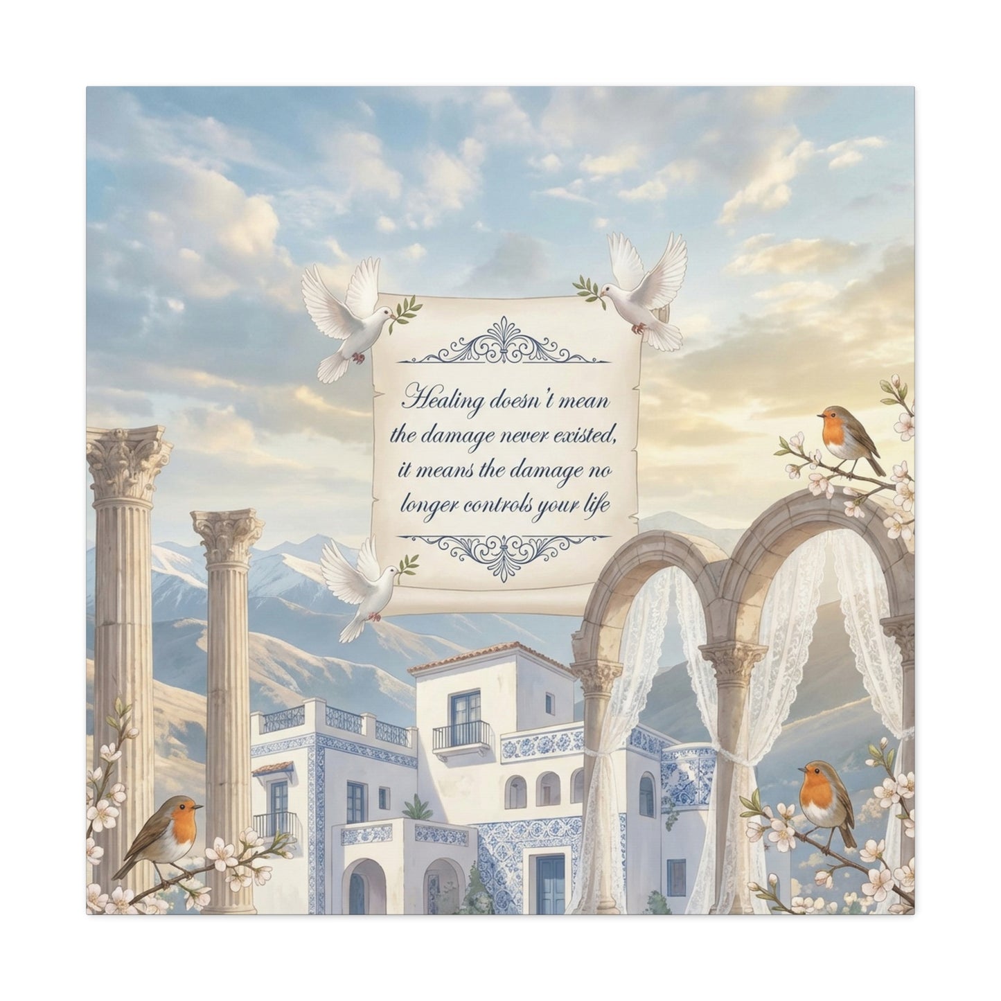 "The Damage No Longer Controls Your Life" Inspirational Canvas Wall Art - Doves, Robins, Classical Arches, Mountain Villa Quote Print - Matte Finish Canvas - Bedroom Home Decoration, Meditation Space