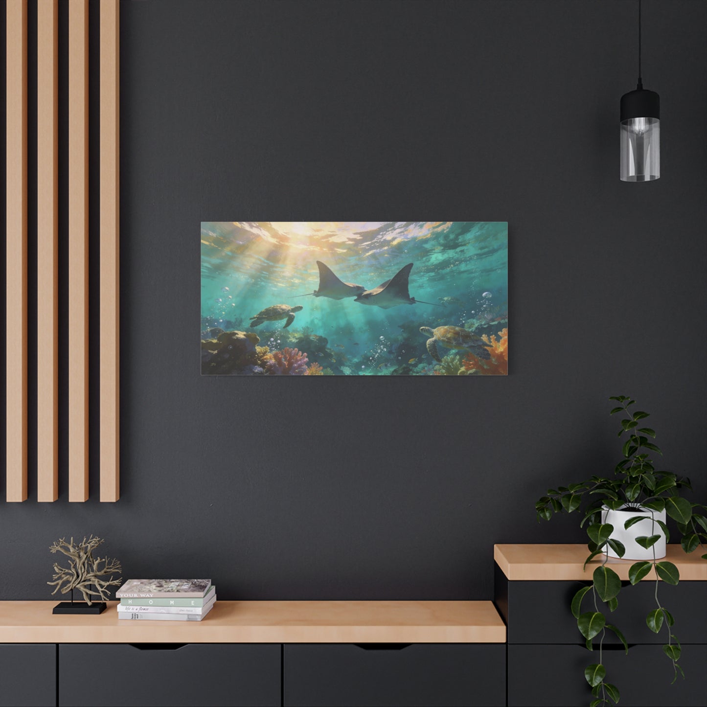 Manta Ray And Sea Turtle Canvas Wall Art - Underwater Ocean Reef Scene, Coastal Wall Decor - Matte Cotton Canvas Print - Contemporary Seascape Style - Living Room Bedroom Office - Ready to Hang