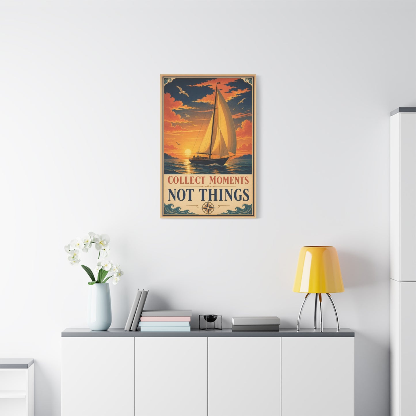 "Collect Moments Not Things" Sailboat Canvas Wall Art - Vintage Nautical Sunset Seascape, Inspirational Ocean Poster Style - Coastal Living Room Wall Decor, Bedroom Home Decoration - Ready to Hang