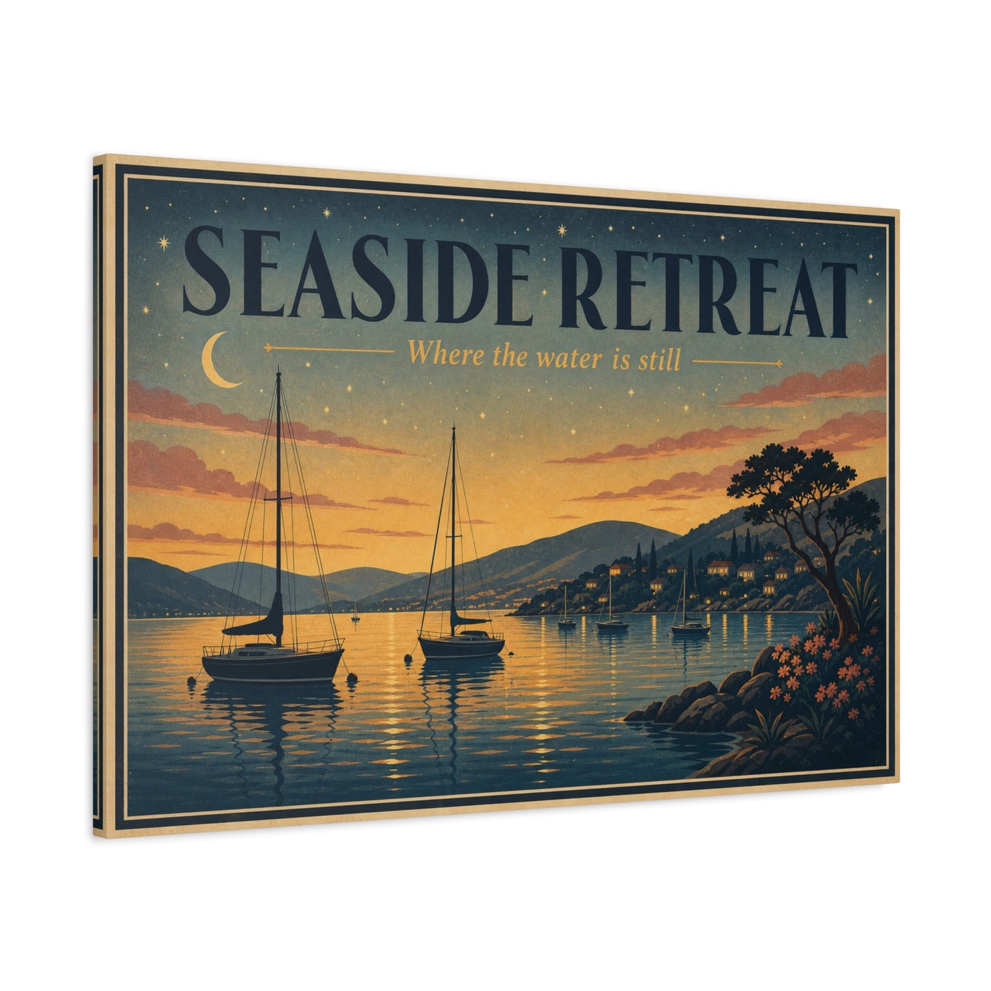"Seaside Retreat Where The Water Is Still" Coastal Canvas Wall Art - Vintage Sailboat Harbor Sunset Print, Nautical Seascape Decor - Living Room Bedroom Wall Decor - Ready to Hang - Ready to Hang