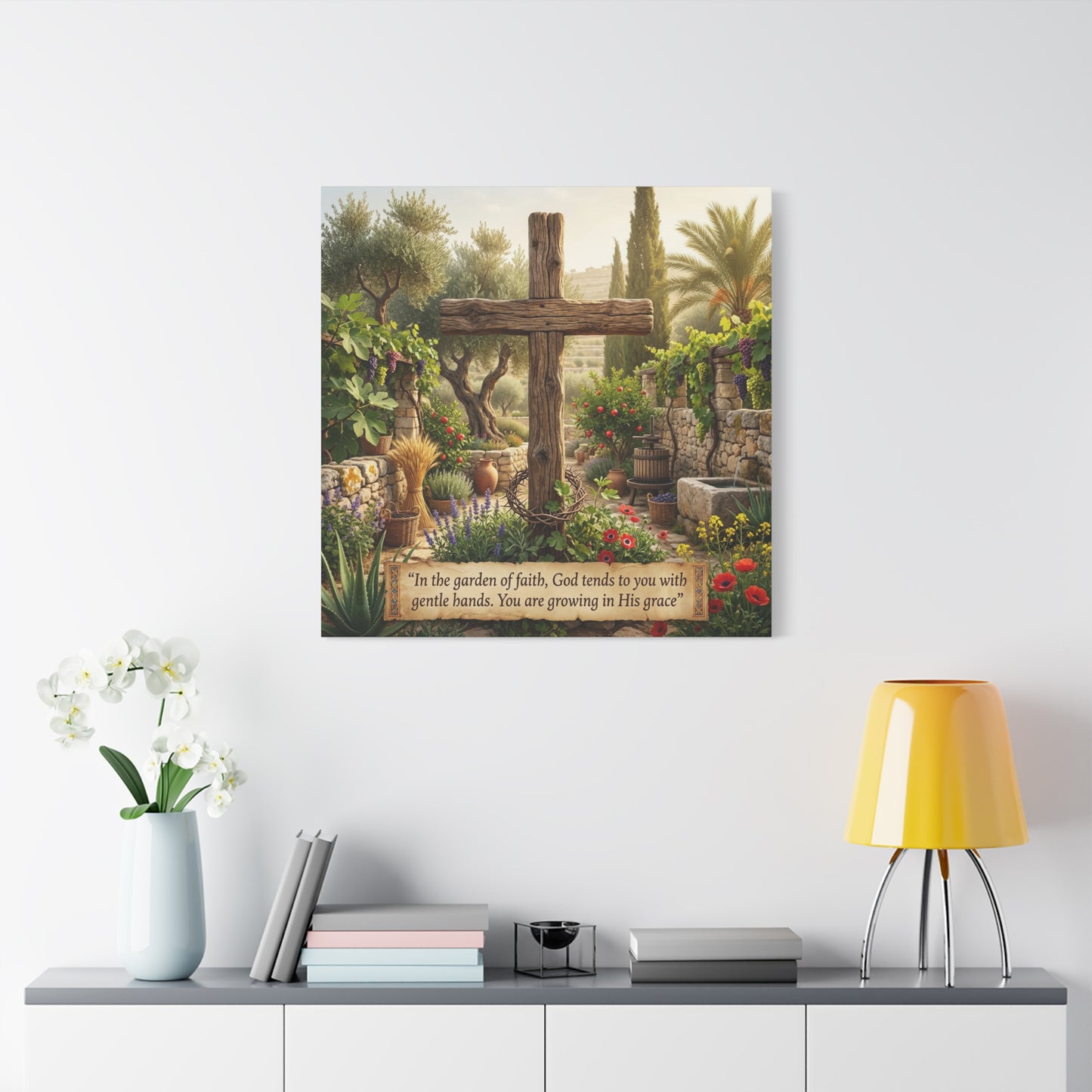 "In The Garden Of Faith, God Tends To You With Gentle Hands. You Are Growing In His Grace" Canvas Wall Art - Rustic Wooden Cross, Christian Garden Scene - Living Room Wall Decor - Ready to Hang