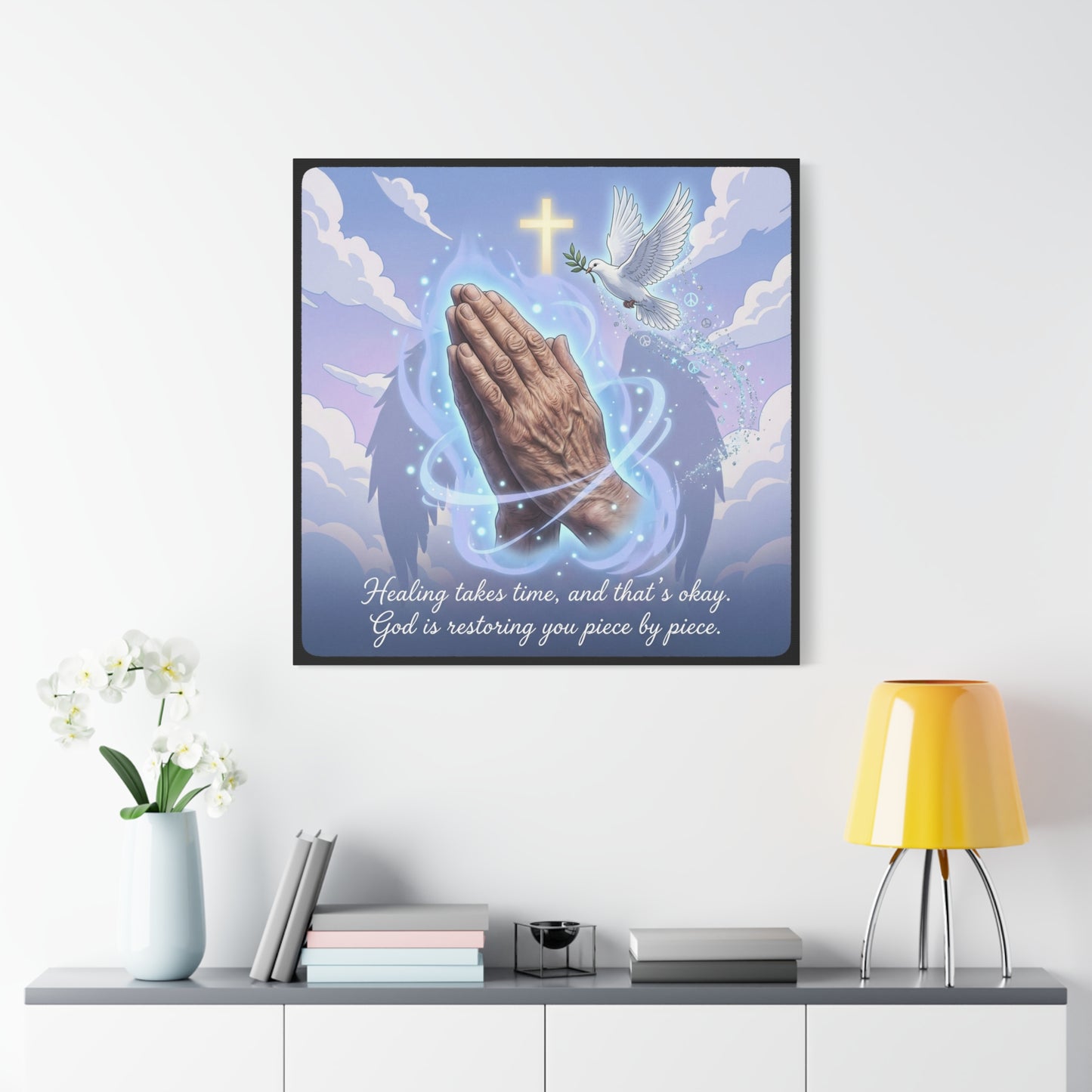 "Healing Takes Time, And That’s Okay. God Is Restoring You Piece By Piece." Christian Canvas Wall Art - Praying Hands, Dove, Cross - Faith Inspired Blue Sky Decor - Bedroom Living Room Office