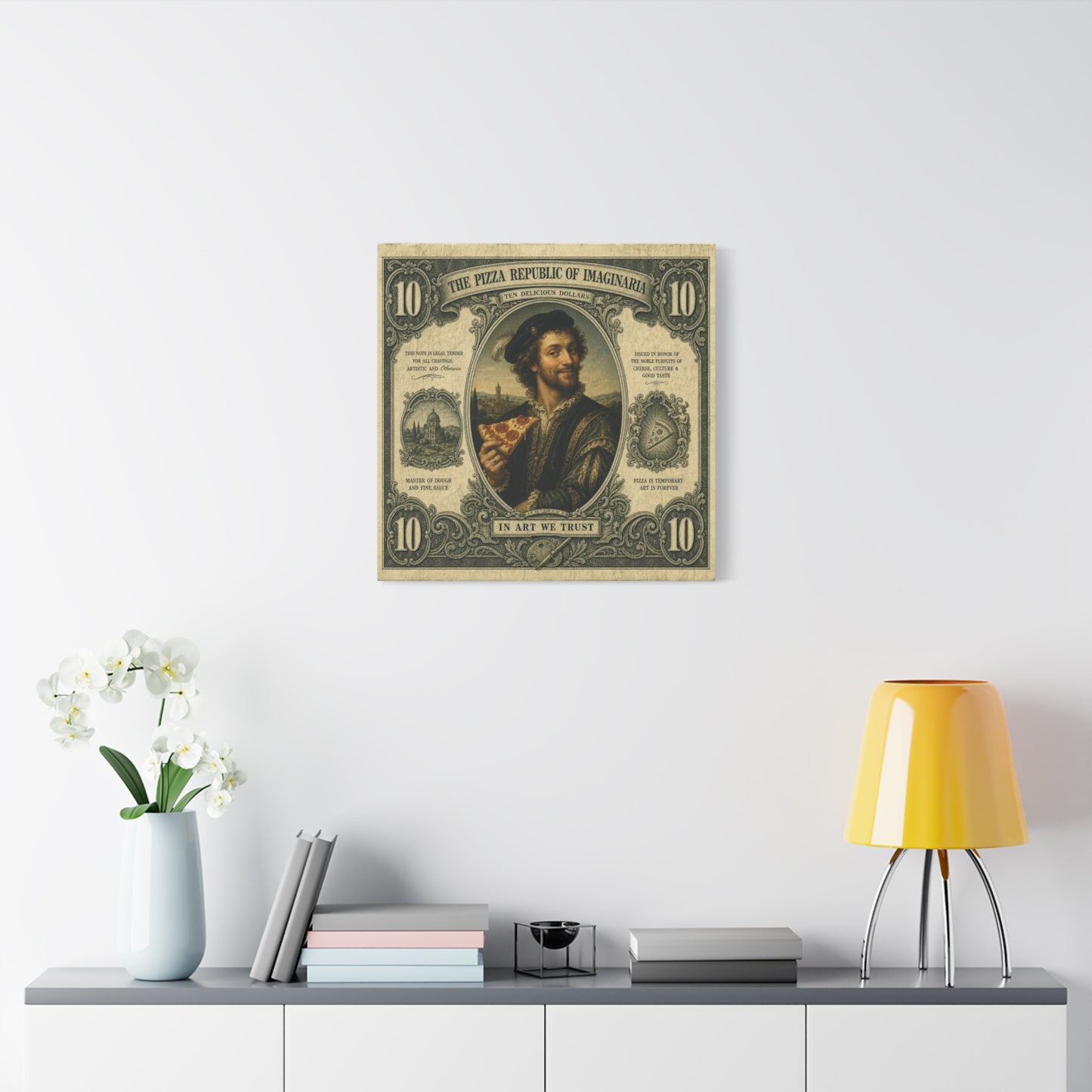 "The Pizza Republic Of Imaginaria" Canvas Wall Art - Vintage Typography Portrait Print, Renaissance Pizza Note Design, Eclectic Office Wall Decor, Cafe Wall Art, Humor Canvas - Reception Area Decor