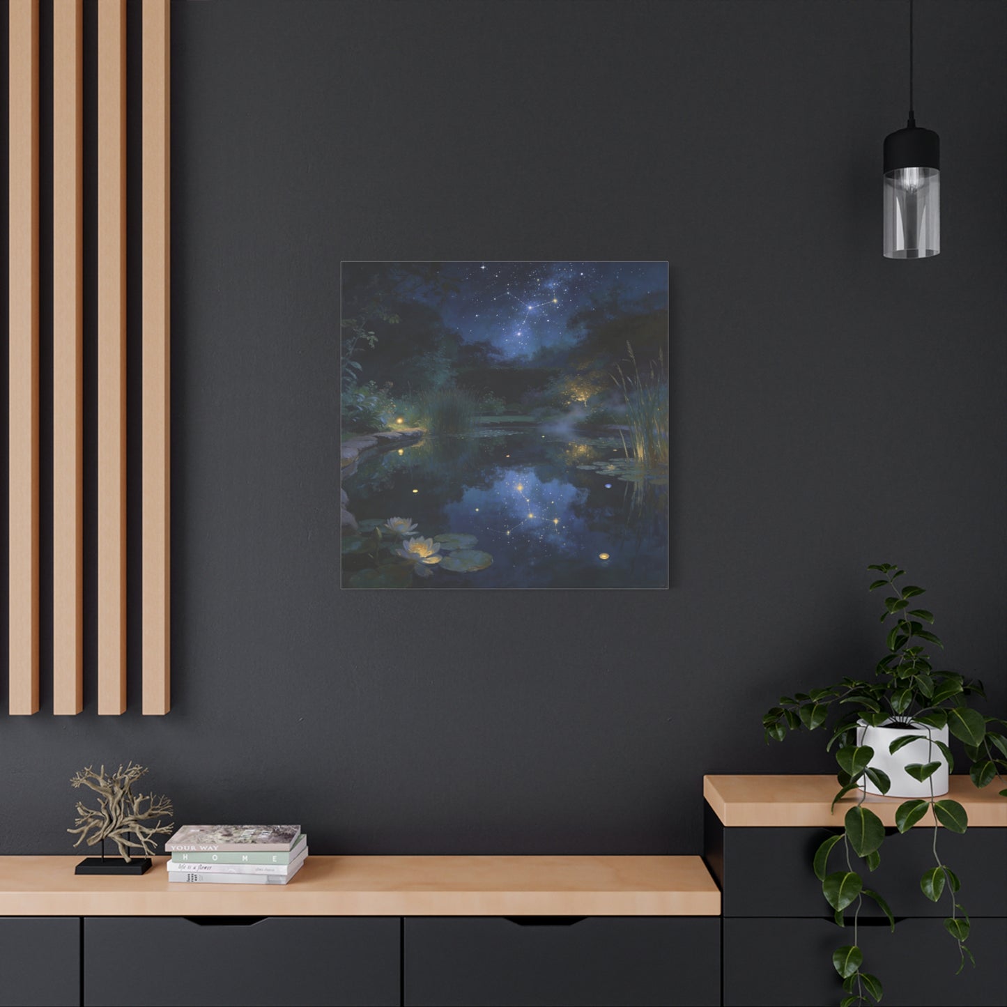 Starry Night Pond Canvas Wall Art - Moonlit Water Lilies, Celestial Reflection Landscape - Dreamy Matte Canvas Print - Traditional Nightscape Style - Living Room Wall Decor Bedroom Home Accent