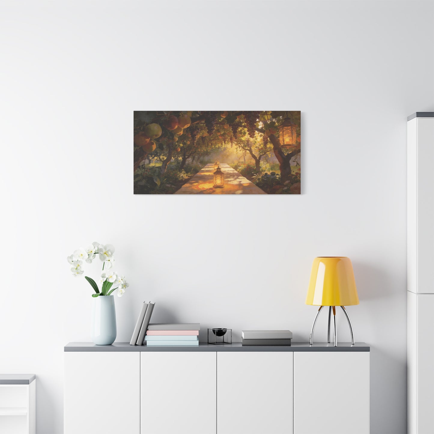 Fruit Orchard Canvas Wall Art - Lantern Lit Garden Path, Grape Vine And Apple Tree Painting - Matte Cotton Print, Rustic Traditional Style - Living Room Wall Decor, Bedroom Accent - Ready to Hang