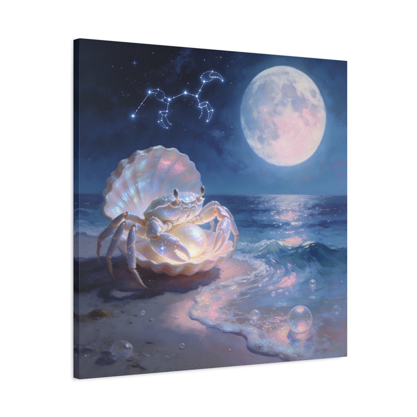Moonlit Crab Canvas Wall Art - Zodiac Cancer Seascape, Pearl Shell Ocean Night Decor - Dreamy Coastal Illustration, capiz shells wall decor, Bedroom Home Decoration - Bedroom Home Decoration