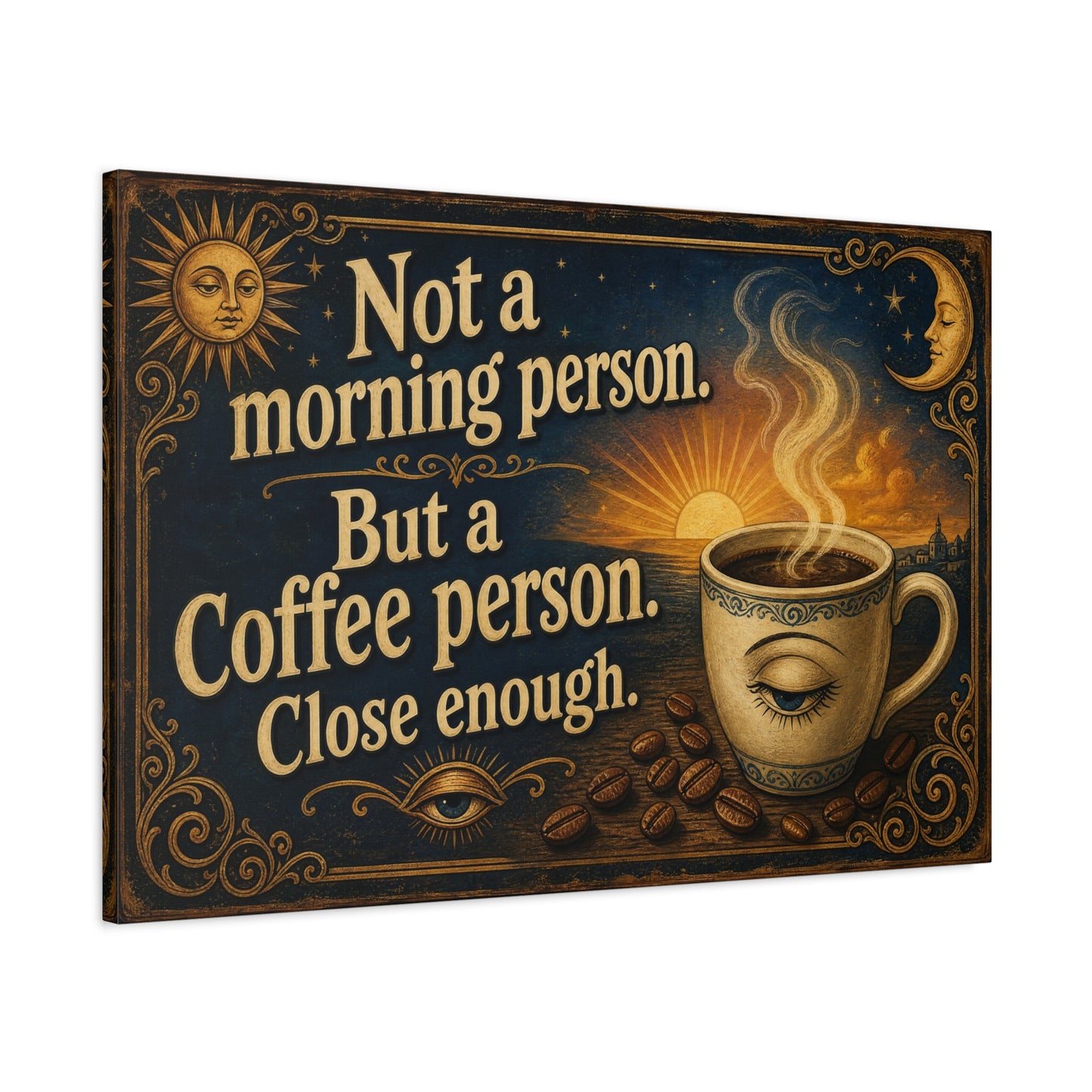 "Not A Morning Person. But A Coffee Person. Close Enough." Canvas Wall Art - Vintage Celestial Coffee Quote Decor, Matte Print - Bohemian Wall Hanging - Ready to Hang - Bistro Decor - HP Latex Print