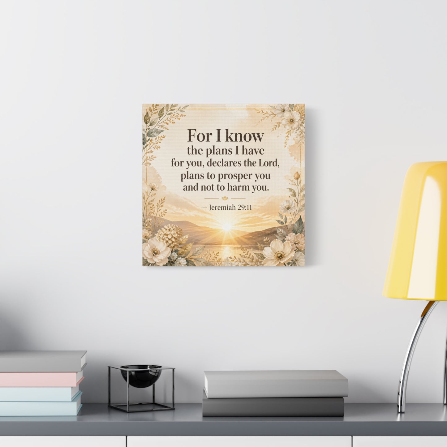 "For I Know The Plans I Have For You" Bible Verse Canvas Wall Art - Jeremiah 29:11 Floral Scripture Print, Gold Sunrise Landscape, Christian Wall Decor For Bedroom, Living Room - Ready to Hang