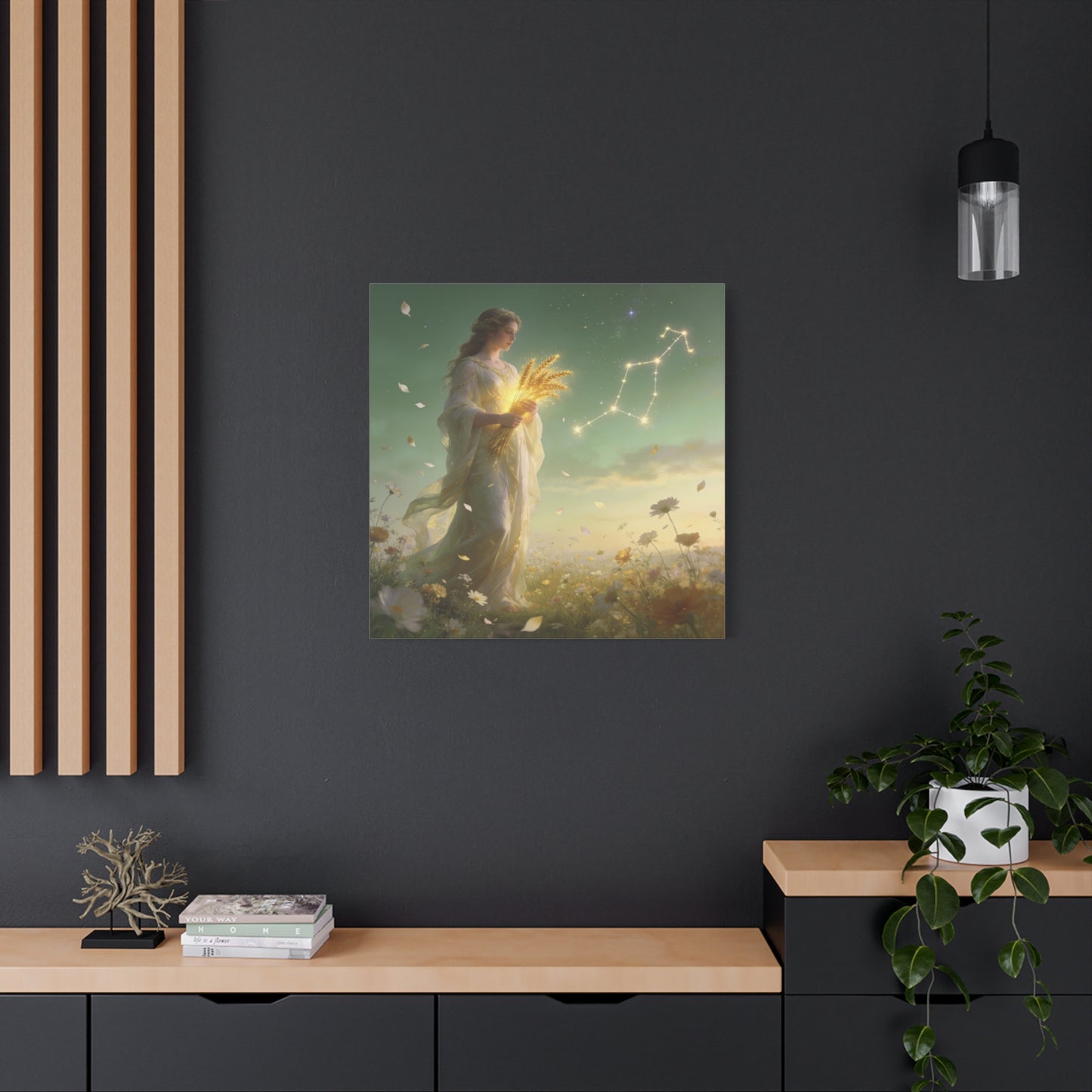 Virgo Maiden Canvas Wall Art - Celestial Wheat Goddess Illustration, Luminous Zodiac Sky, Matte Cotton Print, Bohemian Bedroom Decor, Meditation Space Accent, Ready To Hang - Living Room Wall Decor