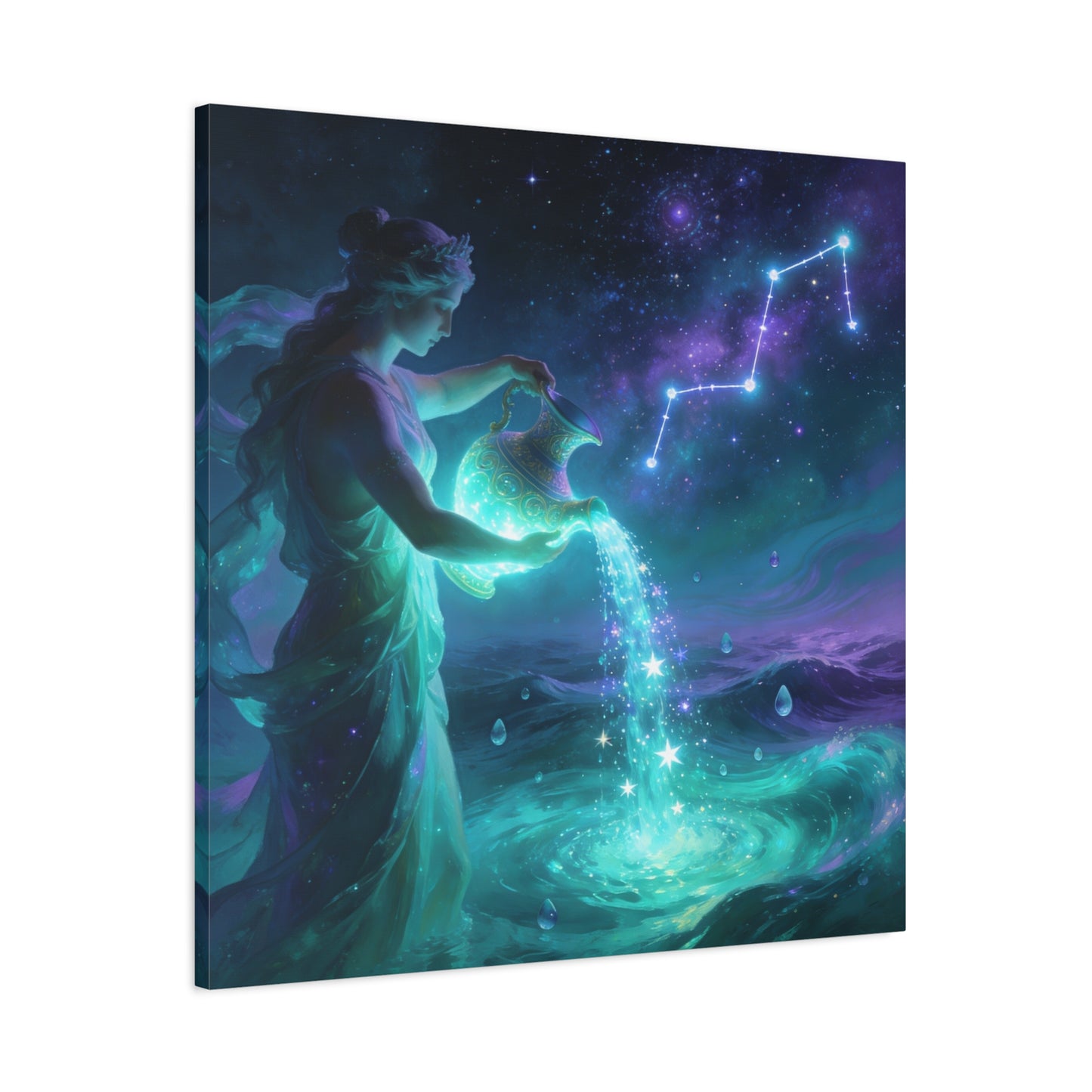 Aquarius Goddess Canvas Wall Art - Zodiac Water Bearer Celestial Galaxy Illustration - Mystical Purple Blue Fantasy Decor - Bedroom Home Decoration, Living Room Wall Decor - Bedroom Home Decoration