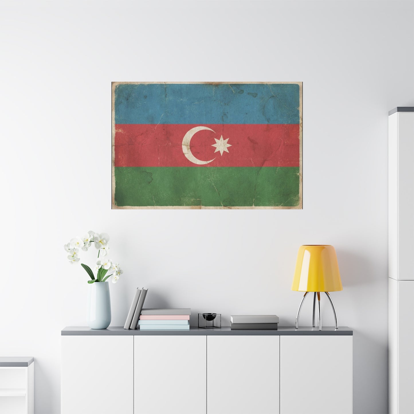 Azerbaijan Flag Canvas Wall Art - Vintage Distressed Crescent Star Print - Patriotic Heritage Decor, Rustic Style, Living Room Wall Decor, Office Art - Bedroom Home Decoration - Modern Farmhouse Style