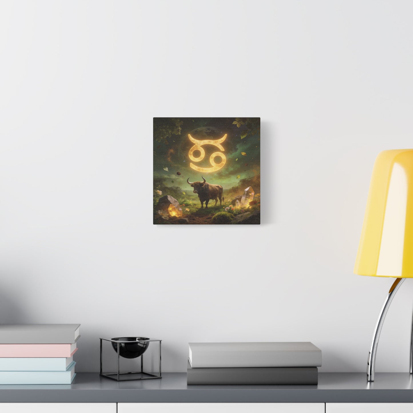 Cancer Zodiac Canvas Wall Art - Glowing Astrology Symbol, Bull And Crystal Fantasy Scene - Celestial Green Gold Illustration - Bedroom Home Decoration, Meditation Space Accent - Living Room Wall Decor