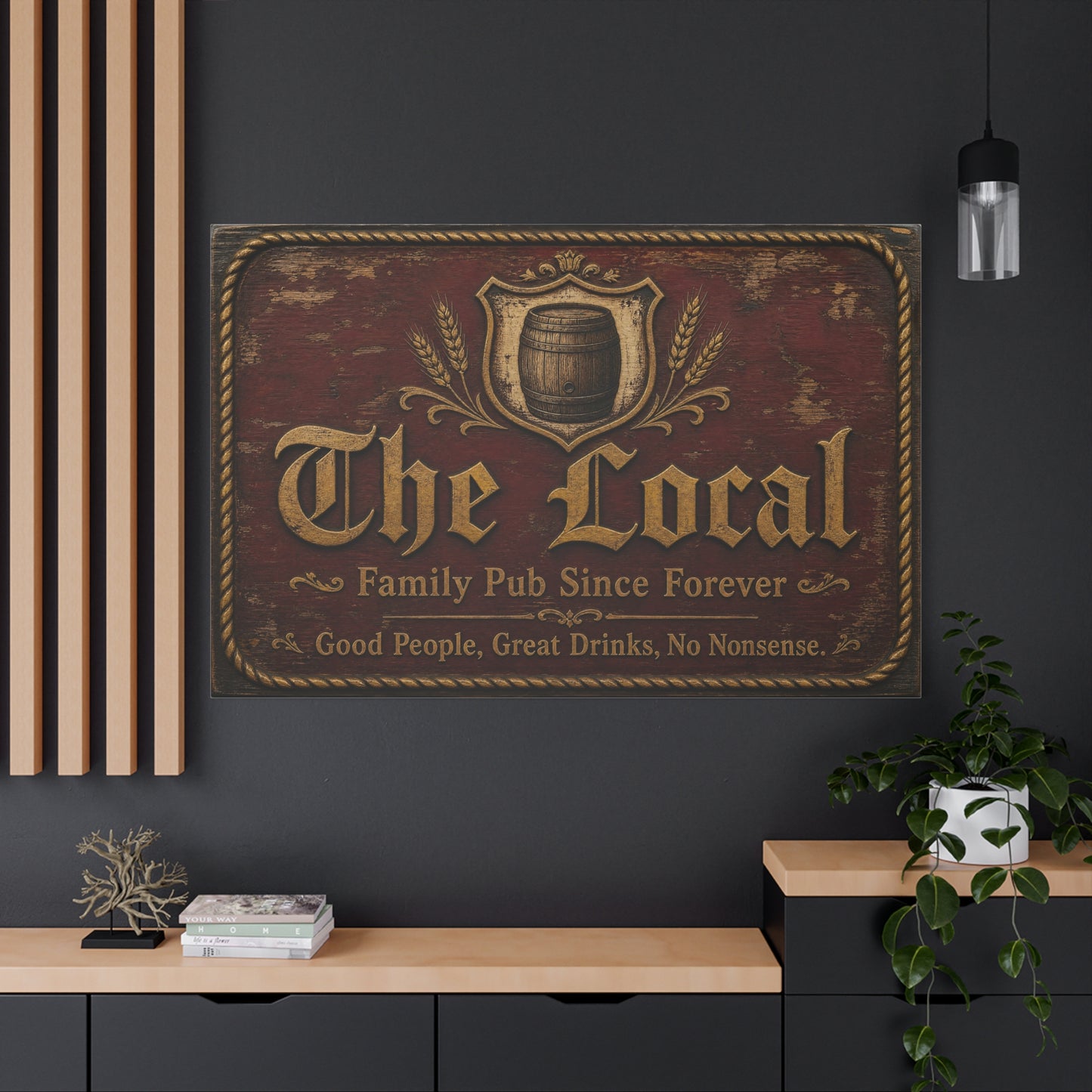 "The Local" Vintage Pub Canvas Wall Art - Rustic Tavern Sign, Barrel Crest Typography - Distressed Wood Look, Traditional Style - Bar Room Decor, Man Cave Accent, Restaurant Wall Hanging