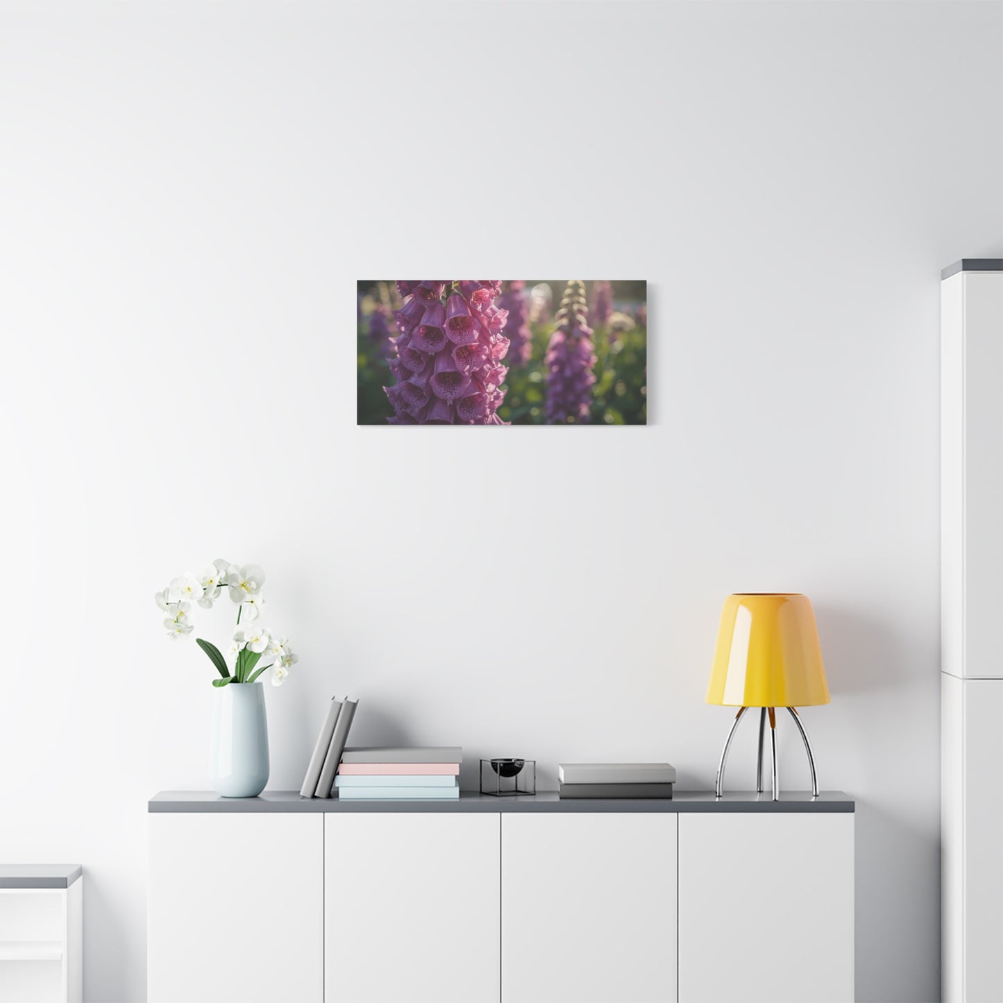 Purple Foxglove Flower Canvas Wall Art - Botanical Floral Art Print, Soft Golden Light, Matte Finish Decor - Bedroom Wall Hanging, Living Room Accent, Spa Style Interior Design - Ready to Hang