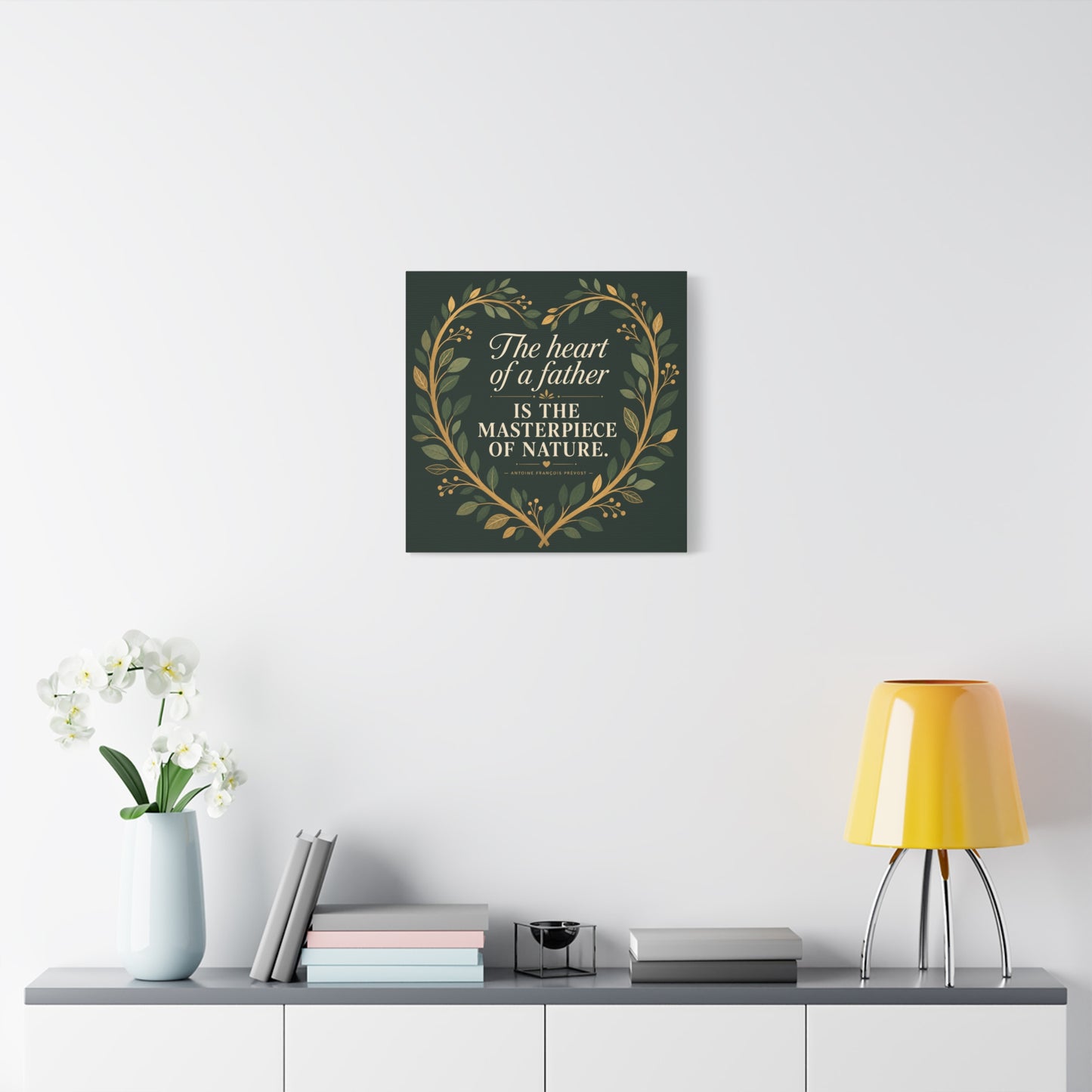 "The Heart Of A Father Is The Masterpiece Of Nature." Canvas Wall Art - Botanical Quote Print, Green And Gold Typography Decor, Traditional Style - Office Wall Art - Bedroom Home Decoration