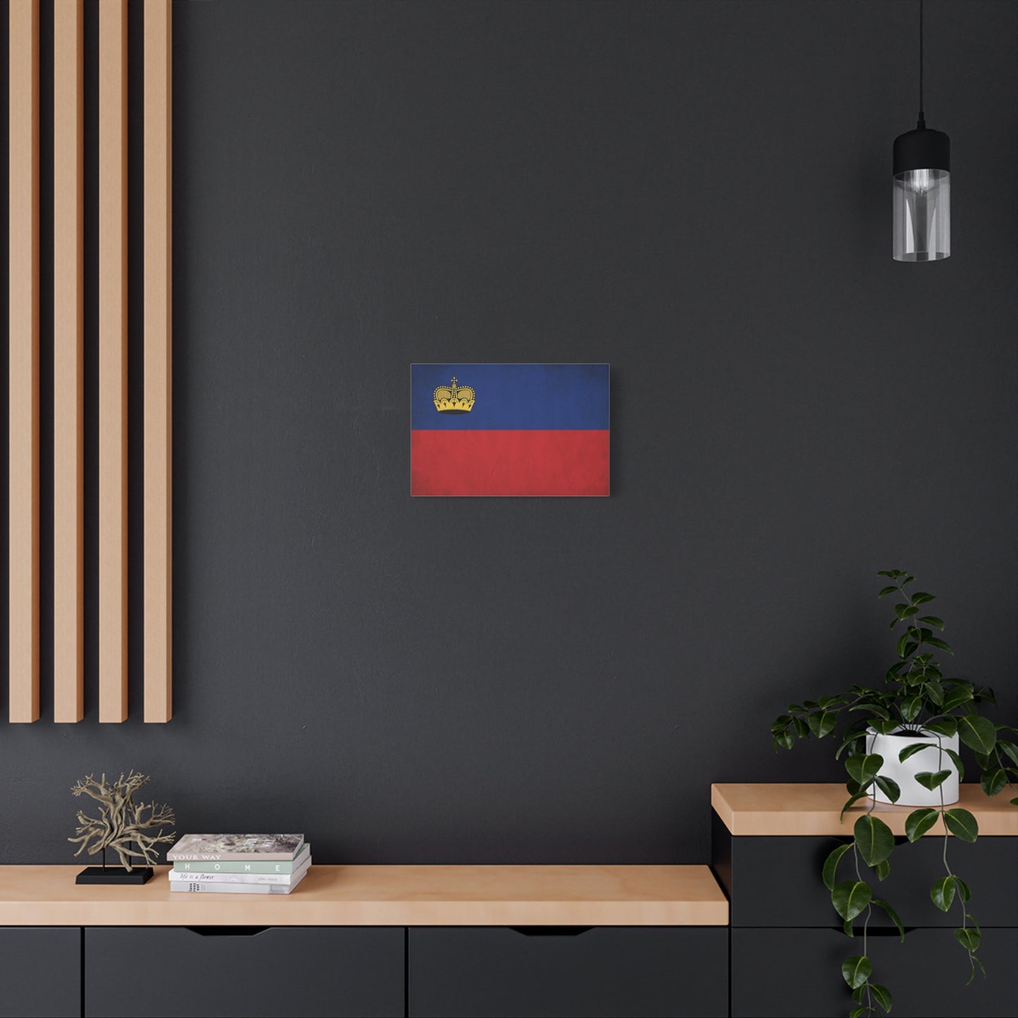 Liechtenstein Flag Canvas Wall Art - Blue Red Banner With Gold Crown - Minimalist National Print, Cotton Canvas Decor - Living Room Wall Decor, Bedroom Home Decoration - Bedroom Home Decoration