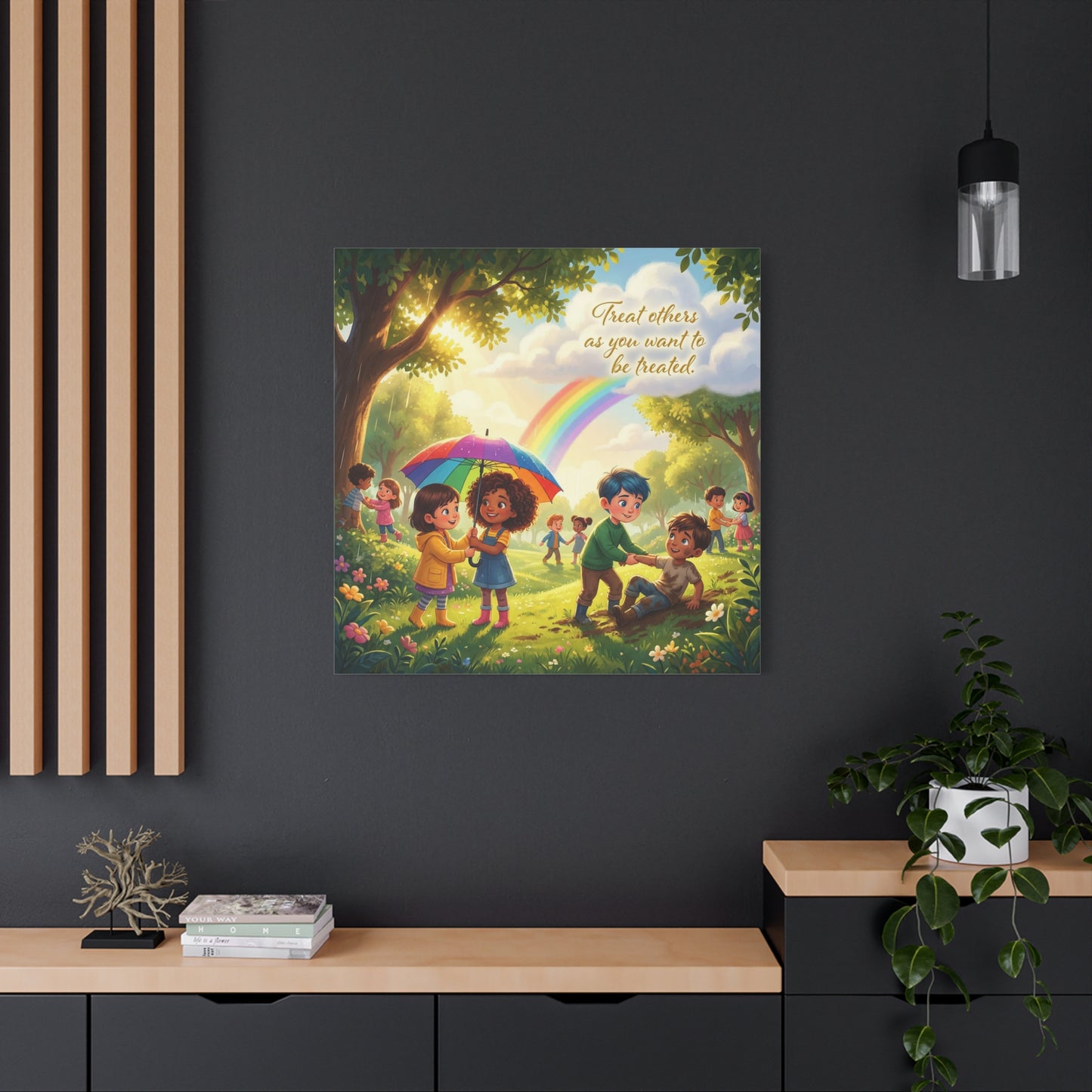 "Treat Others As You Want To Be Treated" Kids Canvas Wall Art - Rainbow Kindness Quote, Children Helping In Sunny Park - Matte Cotton Print - Playroom Classroom Decor, Nursery Wall Hanging