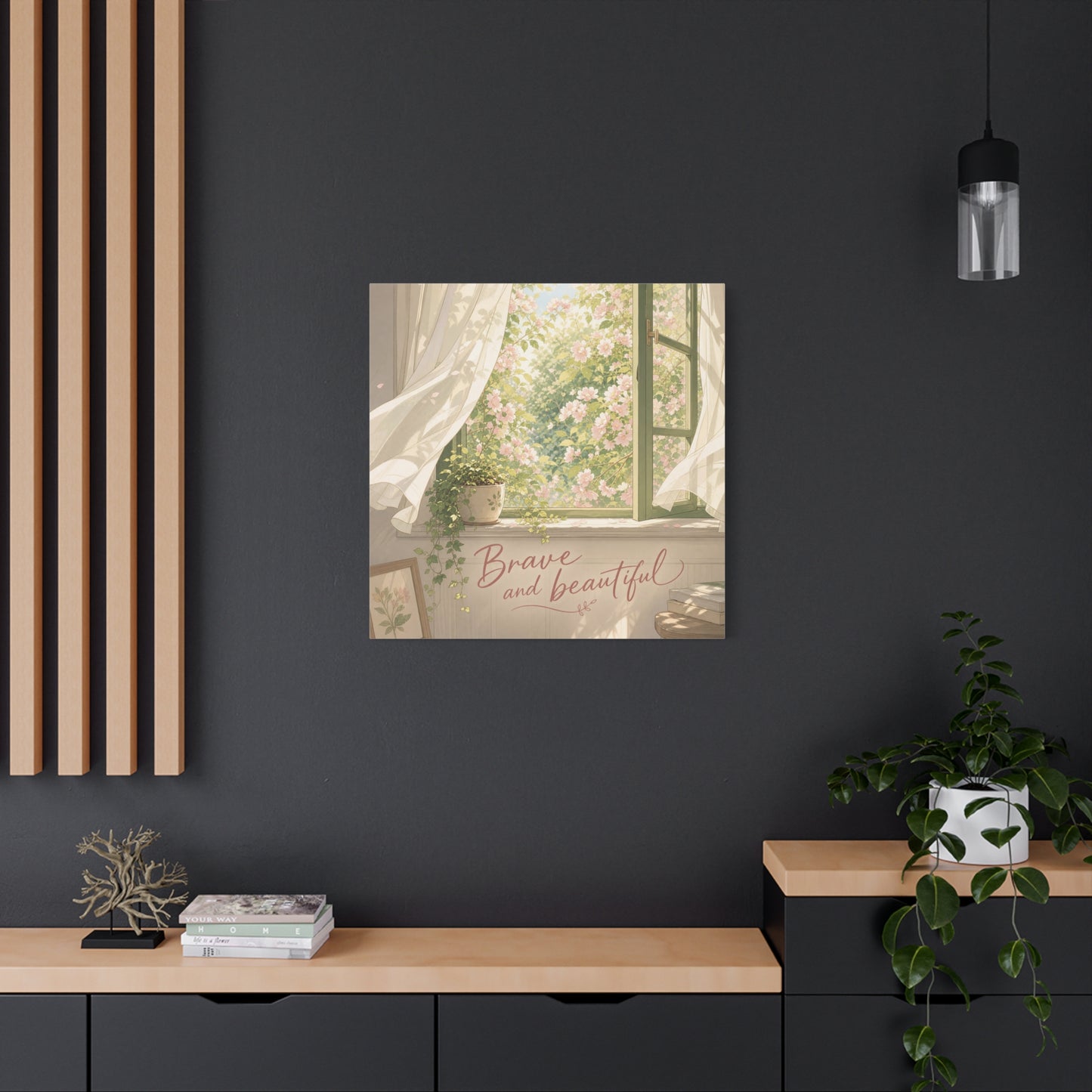 "Brave And Beautiful" Inspirational Canvas Wall Art - Open Window Pink Blossoms, Sheer Curtains, Botanical Quote Print - Soft Vintage Style - Bedroom Wall Decor, Living Room Accent - Ready to Hang