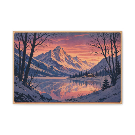 Snowy Mountain Lake Canvas Wall Art - Alpine Sunset Reflection Landscape Print, Rustic Winter Home Decor, Matte Finish Scenic Artwork For Living Room, Bedroom, Cabin Retreat - Living Room Wall Decor