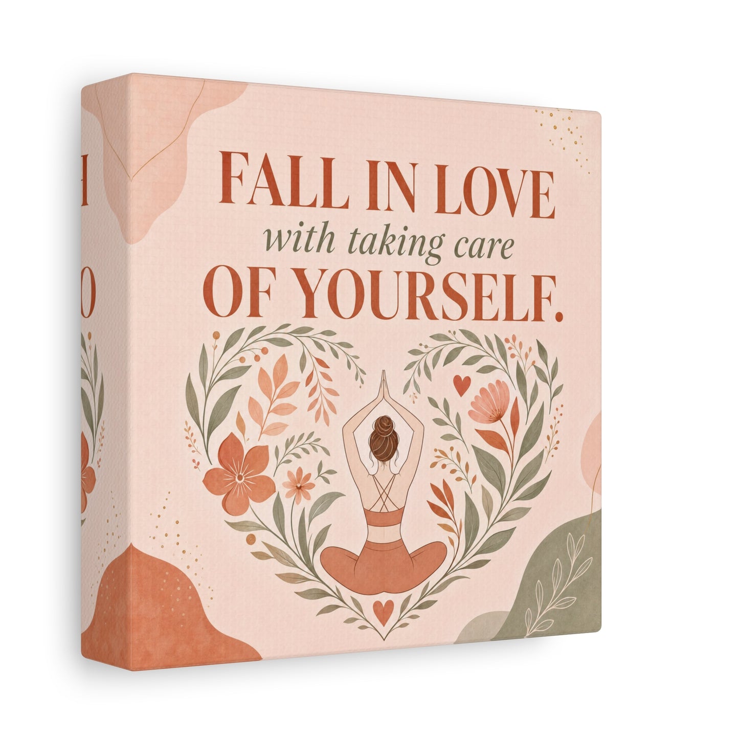 "Fall In Love With Taking Care Of Yourself." Inspirational Canvas Wall Art - Yoga Woman Floral Quote Print - Bohemian Modern Sage Blush Decor - Living Room Wall Decor - Bedroom Home Decoration