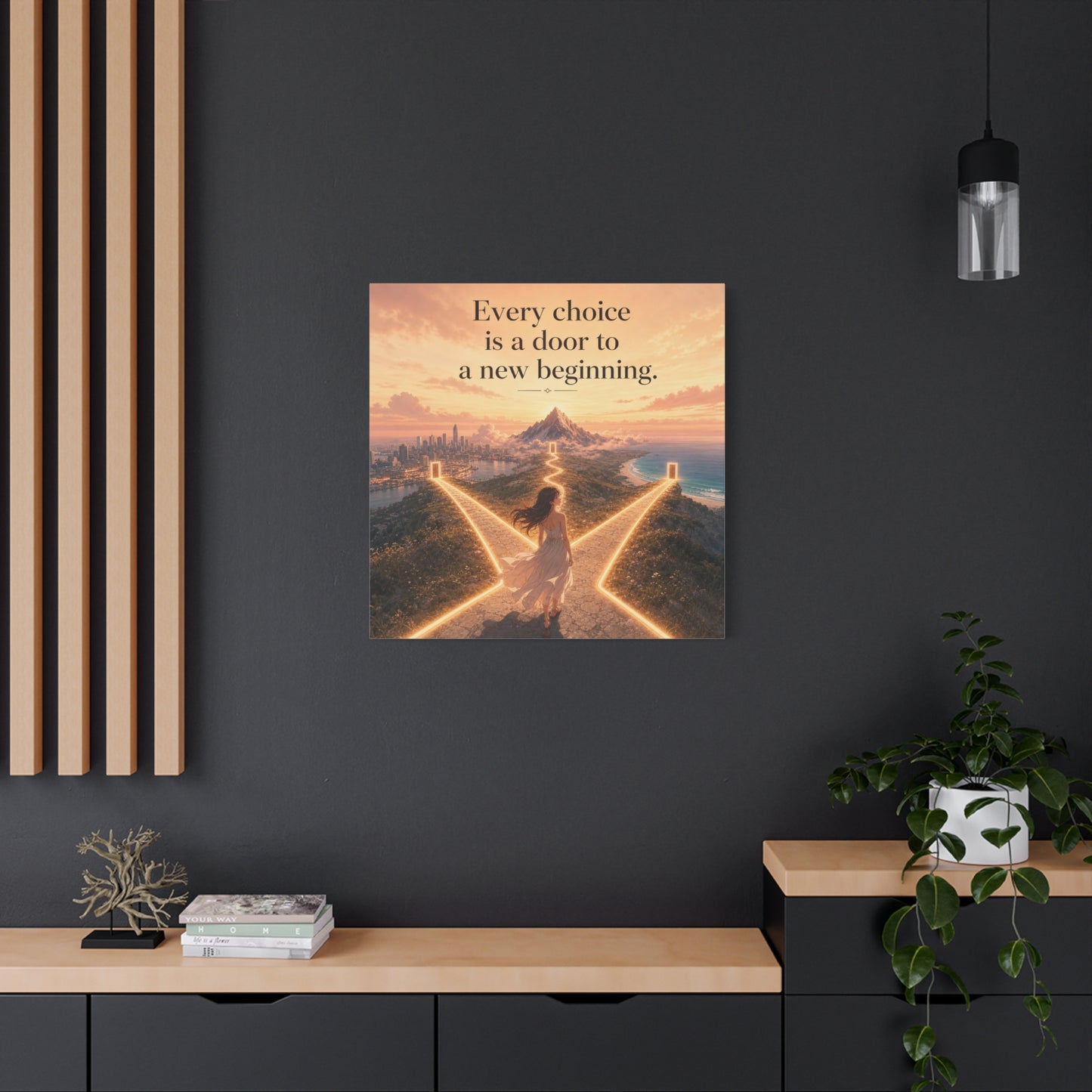 "Every Choice Is A Door To A New Beginning." Inspirational Canvas Wall Art - Woman At Glowing Crossroads Path, Mountain And Coast Dreamscape - Modern Typography Decor For Bedroom Office