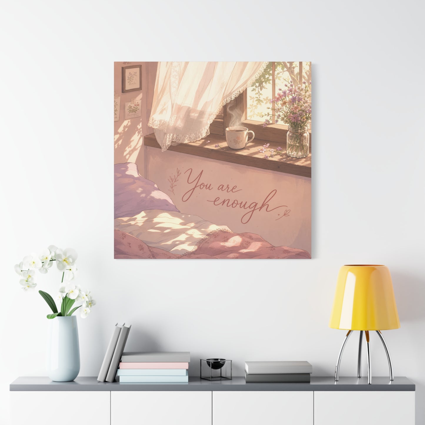 "You Are Enough" Inspirational Canvas Wall Art - Sunlit Bedroom Window Flowers, Cozy Pink Cottagecore Decor - Matte Affirmation Print - Bedroom Home Decoration, Teen Room Accent - Office Wall Art
