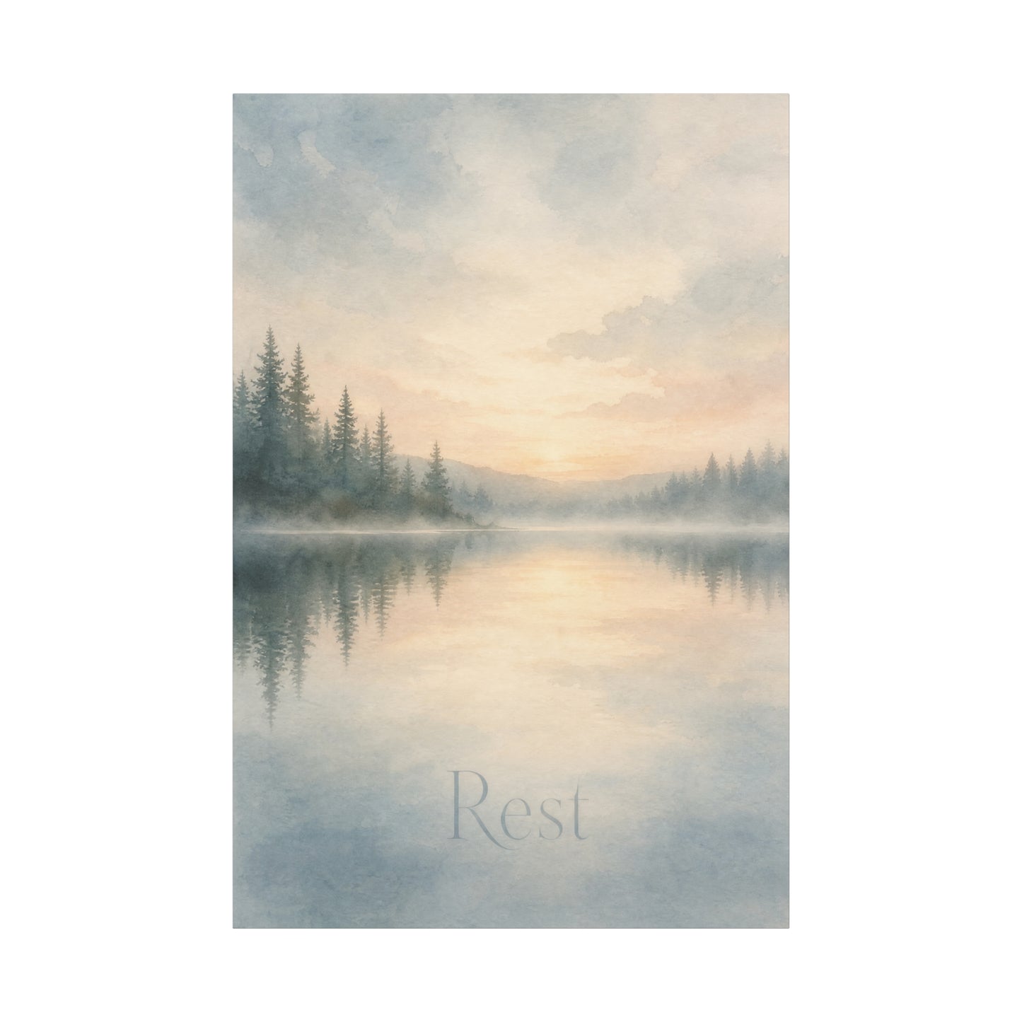 "Rest" Misty Lake Canvas Wall Art - Pine Forest Sunrise Reflection Print - Serene Landscape Home Decor, Bedroom Wall Hanging, Minimalist Nature Artwork, Meditation Space Accent - Ready to Hang