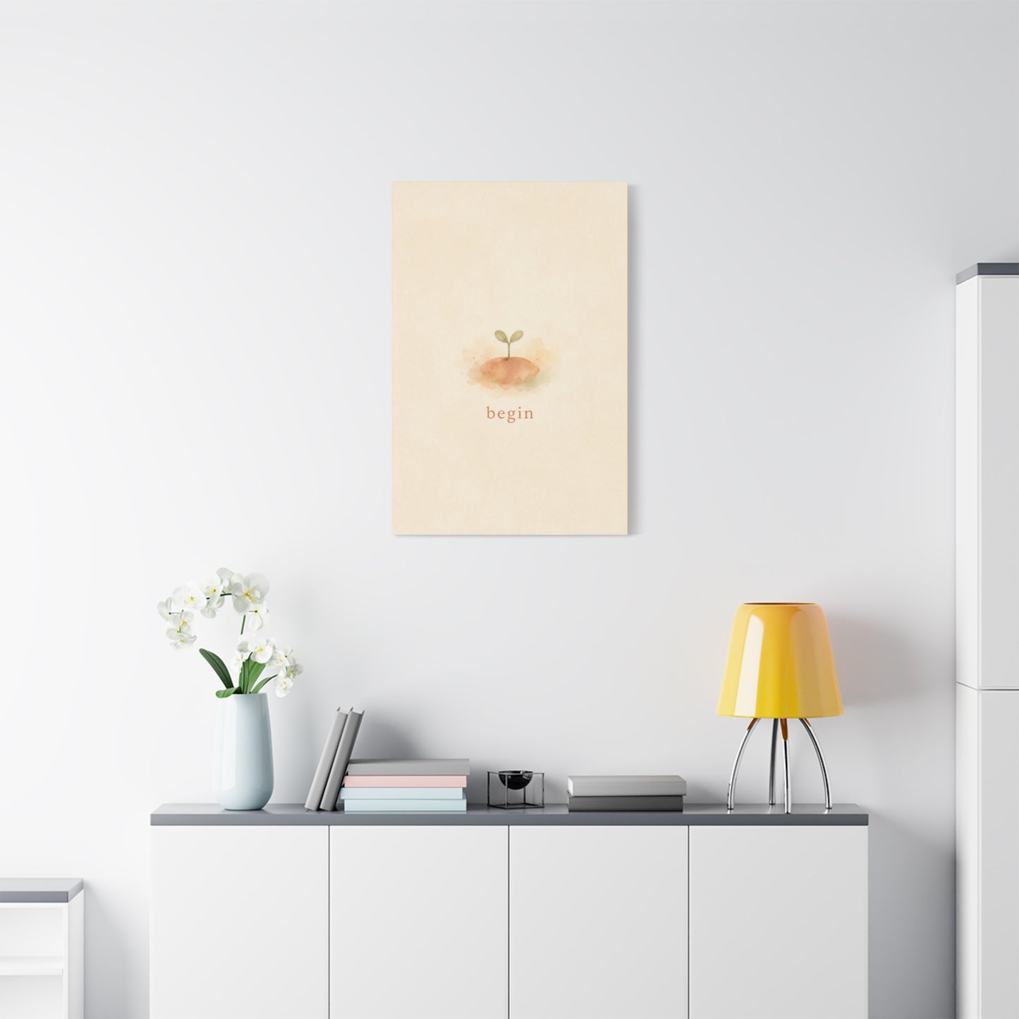 "Begin" Minimalist Sprout Canvas Wall Art - Inspirational Typography Print, Soft Beige Botanical Watercolor - Contemporary Neutral Decor For Bedroom, Nursery, Home Office, Meditation Space